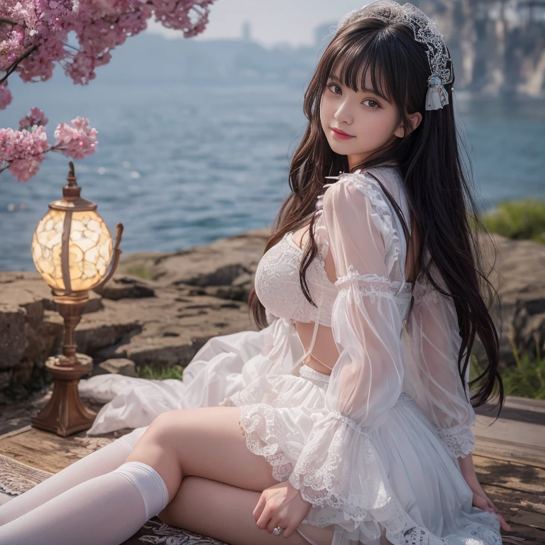 best quality, masterpiece, lifelike, 1 girl, solitary, eternity, Black Hair, Long curly hair, Bangs, laugh out loud, Layered lace skirt, Puff sleeves, Wide sleeves, Transparent sleeves, Detailed background, Delicate face,pink blush,White knee socks, cold,Lots of lace,((masterpiece))、(top quality)、8k、High Detail、Ultra Detailed、 21 years old female,masterpiece、born、Intricate details showcase the ruffles and intricate designs of the ta dress、Fair、magic、realism、Visual effects、FXAA、SSAO、shader、voiceless、Ambient Lighting、Tone Mapping、high resolution、Ultra HD、Million pixels、(8k resolution:1.10)、8k resolution、High Detail、Intricate details、 (high quality:1.2、masterpiece:1.2、:1.21)、(21 years old female),Hair accessories are not allowed, Smile happily,Short skirt,Underwear looming,outdoor,Huge breasts,Low-cut clothes
