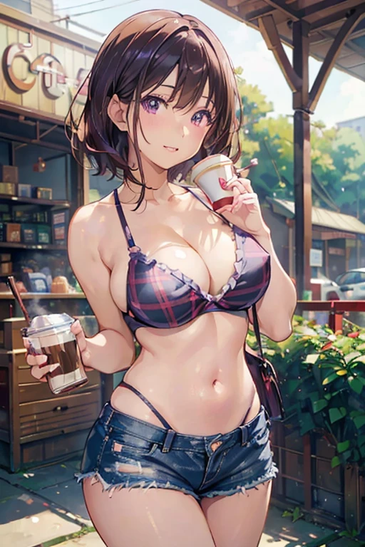 (masterpiece, Best Quality, ultra-detailed, high resolution, extremely detailed CG, official art, Professional Lighting, Perfect Anatomy, anime colors), (from below), looking at viewer, cowboy shot, perfect body, 24yo beautiful 1girl, Large breasts, (Bikini top), micro denim shorts, bare legs, nail_polish, pale skin, dark eyes, Waiting friend, (morning:1.5), tokyo, (convenience store:1.3), outdoor, (depth of field:1.3), contrapposto, (Hold a coffee in your hand:1.3),delicate beautiful face, Bright magenta eyes, cute eyes, sparkling eyes, Big eyes, (big breasts:1.3), (perky chest:1.1), (pointed chest:1.3), medium hips, glamorous body,a small face,beautiful-makeup,Makeup light,Shortcut Hair,dark brown hair、Bust b Cup, Amazing Cleavage, thin waist, big ass, Raised sexy, big breast: 1.2 posed cleavage:1.2,off shoulders,Sportsbra,legginullnude