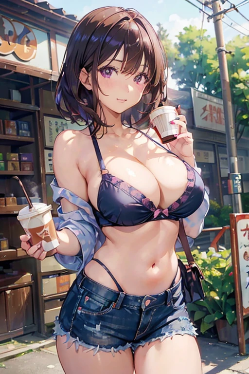 (masterpiece, Best Quality, ultra-detailed, high resolution, extremely detailed CG, official art, Professional Lighting, Perfect Anatomy, anime colors), (from below), looking at viewer, cowboy shot, perfect body, 24yo beautiful 1girl, Large breasts, (Bikini top), micro denim shorts, bare legs, nail_polish, pale skin,  dark eyes, Waiting friend, (morning:1.5), tokyo, (convenience store:1.3), outdoor, (depth of field:1.3), contrapposto, (Hold a coffee in your hand:1.3),delicate beautiful face, Bright magenta eyes, cute eyes, sparkling eyes, Big eyes, (big breasts:1.3), (perky chest:1.1), (pointed chest:1.3), medium hips, glamorous body,a small face,beautiful-makeup,Makeup light,Shortcut Hair,dark brown hair、Bust b Cup, Amazing Cleavage, thin waist, big ass, Raised sexy, big breast: 1.2 posed cleavage:1.2,off shoulders,Sportsbra,legginullnude