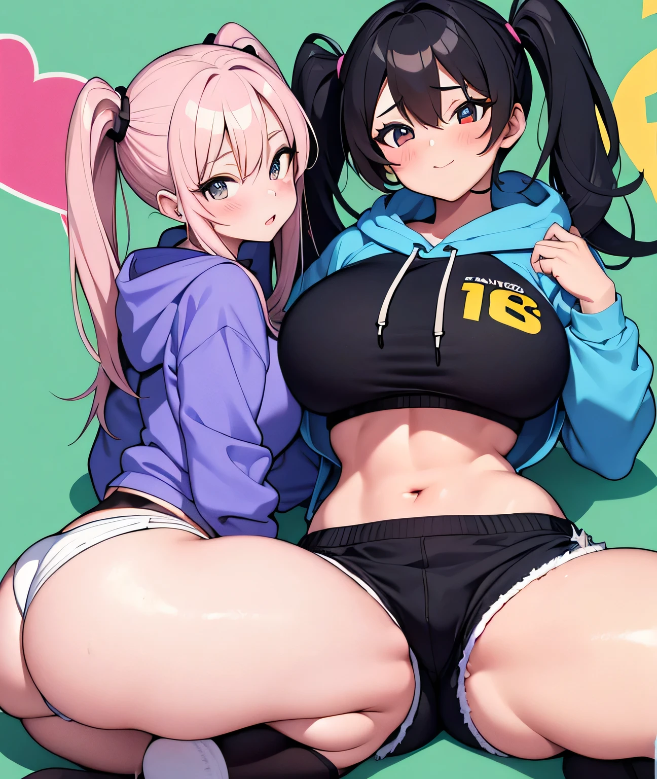 (18 years ago ),large breasts, triple D cup breasts, under , large round buttocks, big ass, juicy thighs, thick legs, (masterpiece,Highest Quality),Crop Top Look,Pastel Hoodie,(Gingham Check Shorts), Twin-tailed,World of toys, full body shot, full length