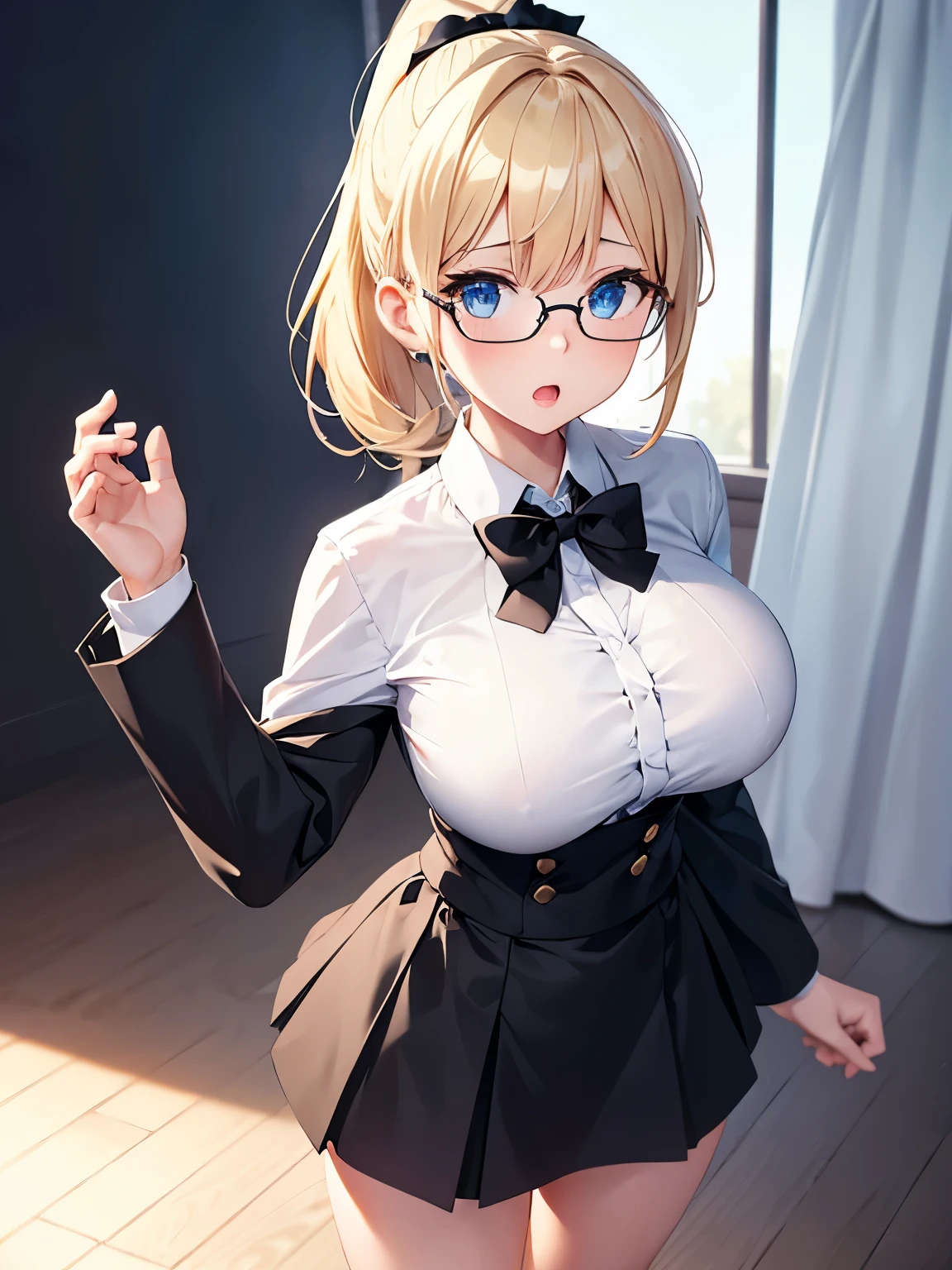 1girl,White shirt, black skirt, Surprised expression,black bow tie, , medium hair,ponytail, blonde hair, glasses, blue eyes, standing, half body photo,very big breast, ultra HD, ultra detail, masterpiece 