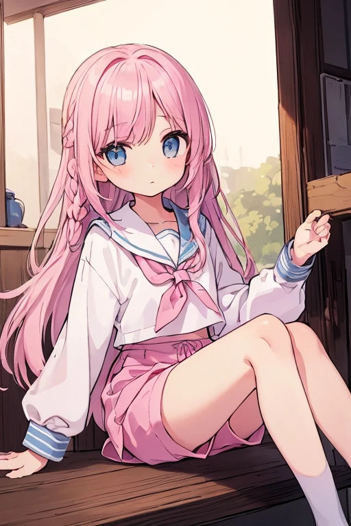 Beautiful illustrations, highest quality, (12-year-old girl:1.4)、(pretty girl:1.5)、、Flat Chest、Sailor collar、(White long tunic)、Long sleeve sailor suit、Blue-line cuffs、(Pink Chino Shorts:1.7)、(Pink shorts with wide openings:1.6)、The gap between the thighs and the shorts、Thin thighs、White socks、 Cinema Lighting, (Pink Long Hair)、Pink Straight Hair、Redness on the cheeks、(Braiding of the back of the head)