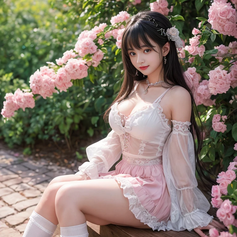 best quality, masterpiece, lifelike, 1 girl, solitary, eternity, Black Hair, Long curly hair, Bangs, laugh out loud, Layered lace skirt, Puff sleeves, Wide sleeves, Transparent sleeves, Detailed background, Delicate face,pink blush,White knee socks, cold,Lots of lace,((masterpiece))、(top quality)、8k、High Detail、Ultra Detailed、 21 years old female,masterpiece、born、Intricate details showcase the ruffles and intricate designs of the ta dress、Fair、magic、realism、Visual effects、FXAA、SSAO、shader、voiceless、Ambient Lighting、Tone Mapping、high resolution、Ultra HD、Million pixels、(8k resolution:1.10)、8k resolution、High Detail、Intricate details、 (high quality:1.2、masterpiece:1.2、:1.21)、(21 years old female),Hair accessories are not allowed, Smile happily,Short skirt,Underwear looming,outdoor,Huge breasts,Low-cut clothes
