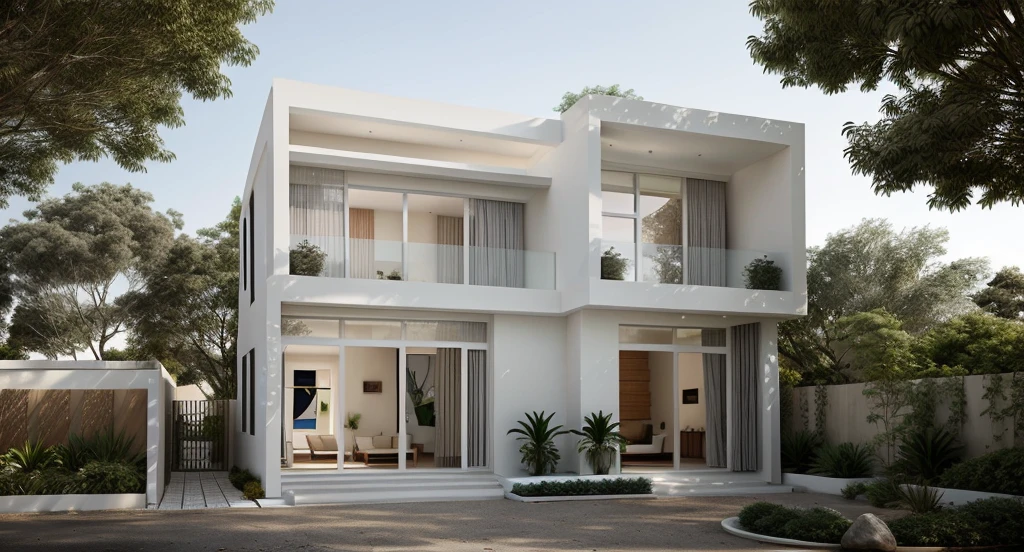 a modern house, located in a quiet area in Vietnam.  The house has a white facade and many windows, creating a harmonious and impressive whole.  The house is built with sustainable materials, the garden is designed in traditional Vietnamese bonsai style,architectural art, architectural illustration, contemporary architecture, monochrome, beautiful and realistic photography, soft lighting, late afternoon chrome drawing, architectural realism, architectural rendering  architecture, architectural sketch, exquisite architecture, beautiful drawing artist, architectural rendering