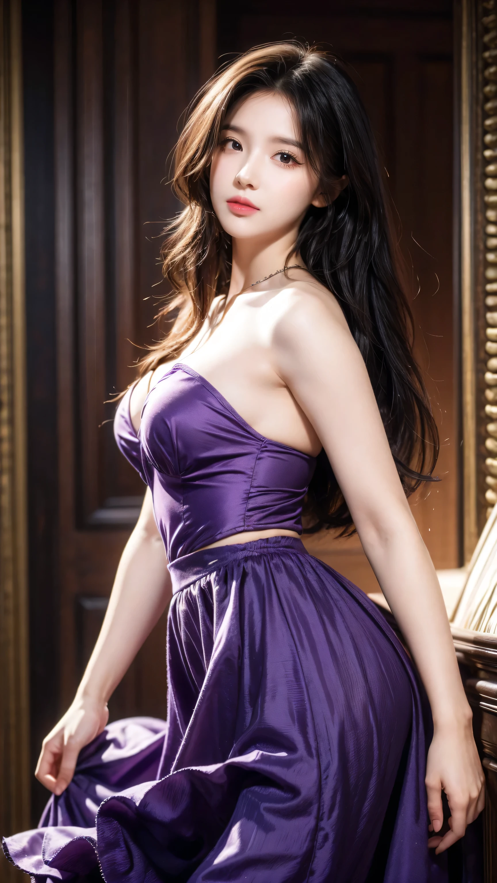 Detailed background, masterpiece, best quality, 1 person , curls, Long hair, Purple Eyes, star in eye , strapless top, Long skirt