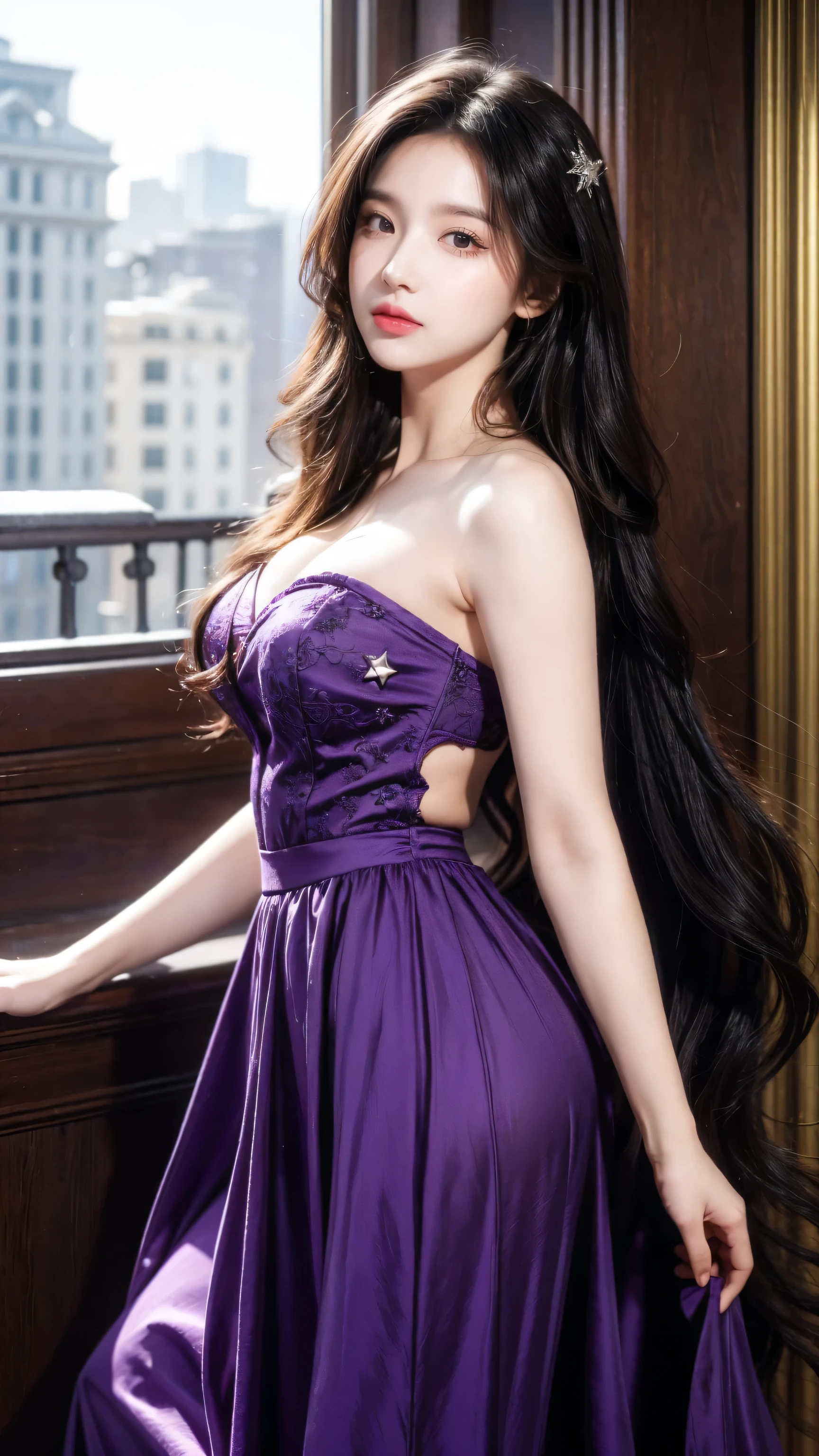 Detailed background, masterpiece, best quality, 1 person , curls, Long hair, Purple Eyes, star in eye , strapless top, Long skirt
