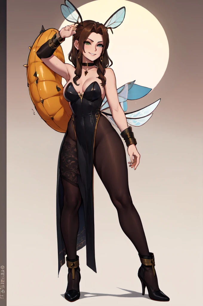 sfw, cartoon, aerith gainsborough reimagined as a horny girl in honeybee costume frome final fantasy 7, full body, (masterpiece, best quality), beautiful face, (22yr old, beautiful girl, solo:1.1),brown_hair ,long_hair, pixiv, evil smile, sadistic, erotic lips, seductive eyes, drooping eyes, provocative expression, smirks, squint, enraptured, fascinated, scornful laughter, aroused, lovely, naughty face, half closed eyes, fearless smile, crazy smile,toned female, glamorous perfect female proportion, wide hips, extremely shiny, reflecting light, awesome metallic surface texture, cute, akiba, anime face, moe, yellow and black striped hair, wasp ornament, Yellow and black striped boots, wasp transparent wings, bee Transparent wings, wasp antennae, wasp printed, Honeycomb printed, poison needle, yellow and black striped fur, spike choker, earrings, best quality, amazing quality, very aesthetic,