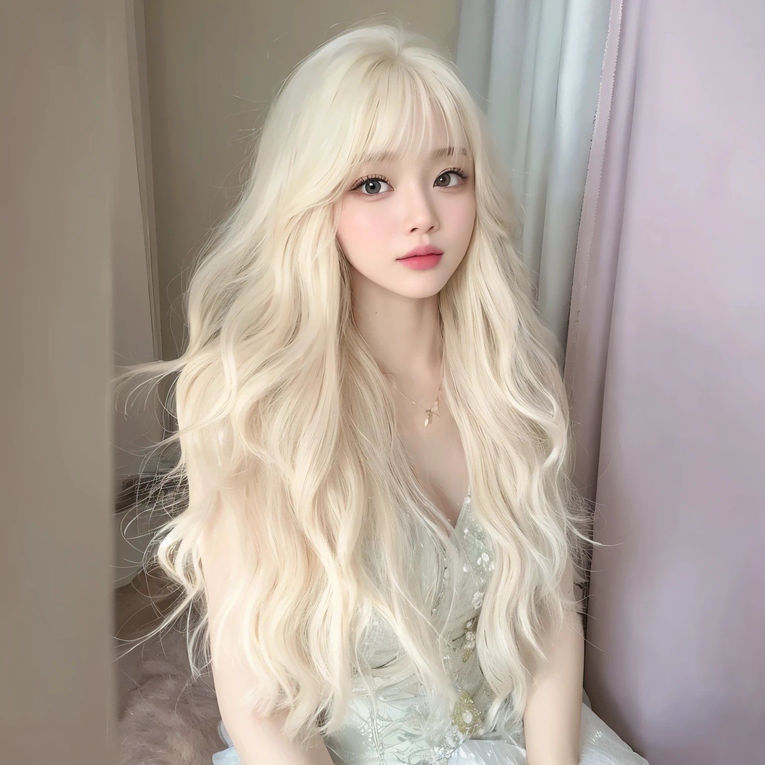 masterpiece, best quality, 长着白金色Long hair、 Long hair, Long white-blond curly hair,Sweet and beautiful girl,Delicate facial detail texture,The face shape is smooth, smooth and natural,Very detailed faces,4 k,1girl,