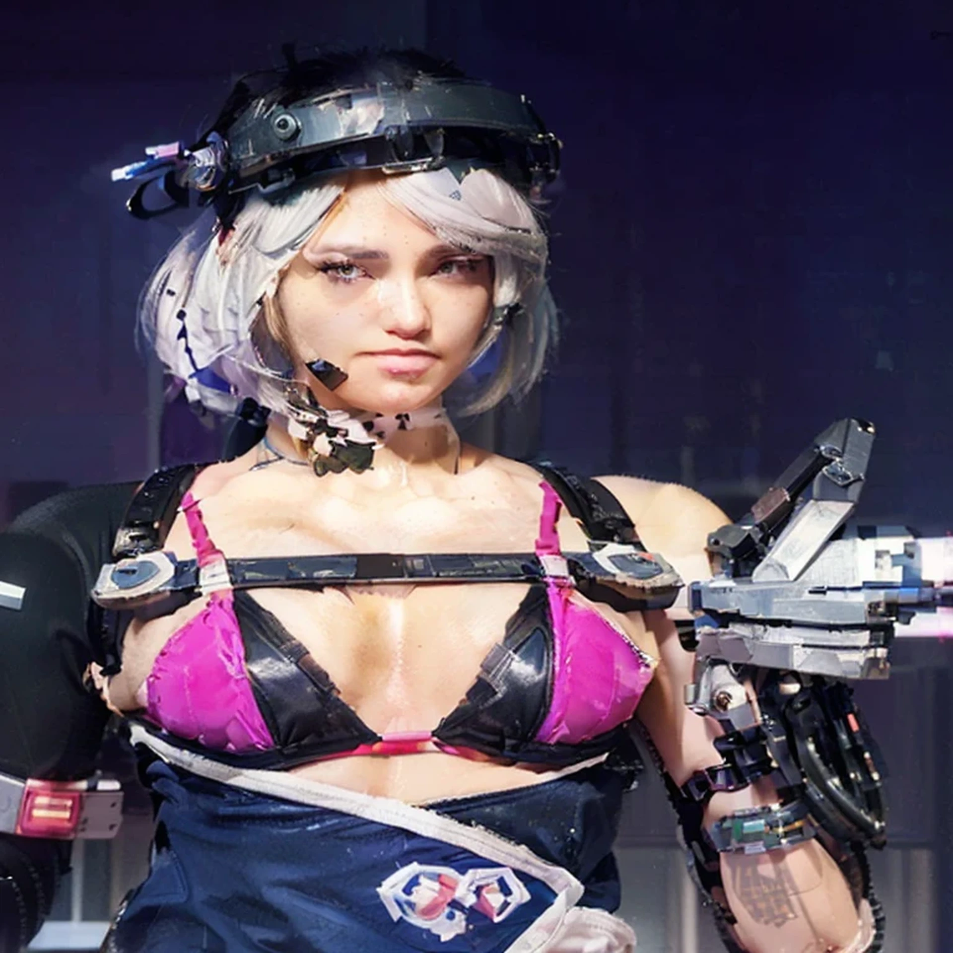a close up of a woman in a bikini holding a gun, katana zero video game character, mechanized soldier girl, inspired by Leng Mei, oppai cyberpunk, as a character in tekken, perfect cyborg female, game cg, perfect android girl, cyberpunk femme fatale, m4 sopmod ii girls frontline, ingame image, sigma female, female spy