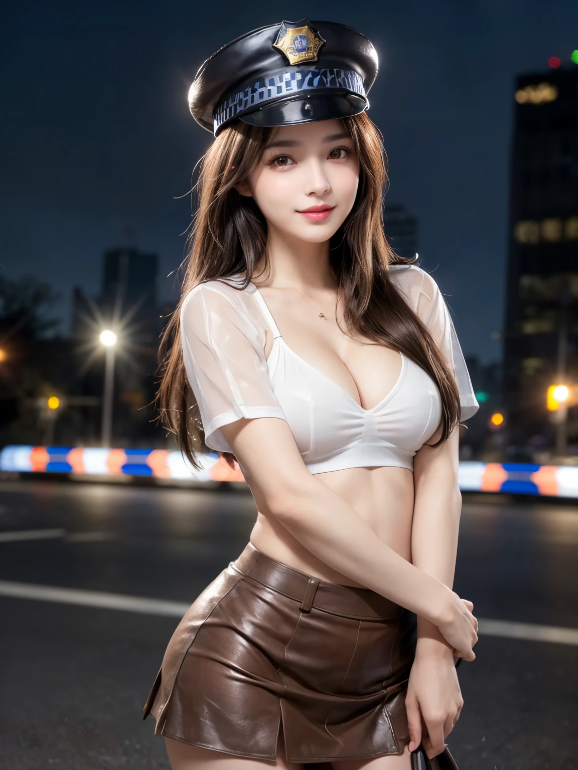 8k, highest quality, masterpiece, Ultra-high resolution, (Realistic:1.4), whole body、RAW Photos, ((long brown hair straight, See-through bangs))), Beautiful Details 1 Girl, (Realistic:1.4), High-resolution RAW color photos, Professional photos, Highly detailed eyes and face, Natural light, Facial details, White skin, Shiny skin, Tight waist, Small Ass, Thin legs,Natural Breasts, Cleavage, just looking at the audience, かわいいsmile, Nice body, (Miniskirt)、(((Police uniform)))、smile、Downtown at night、Have a baton、Wearing a police hat