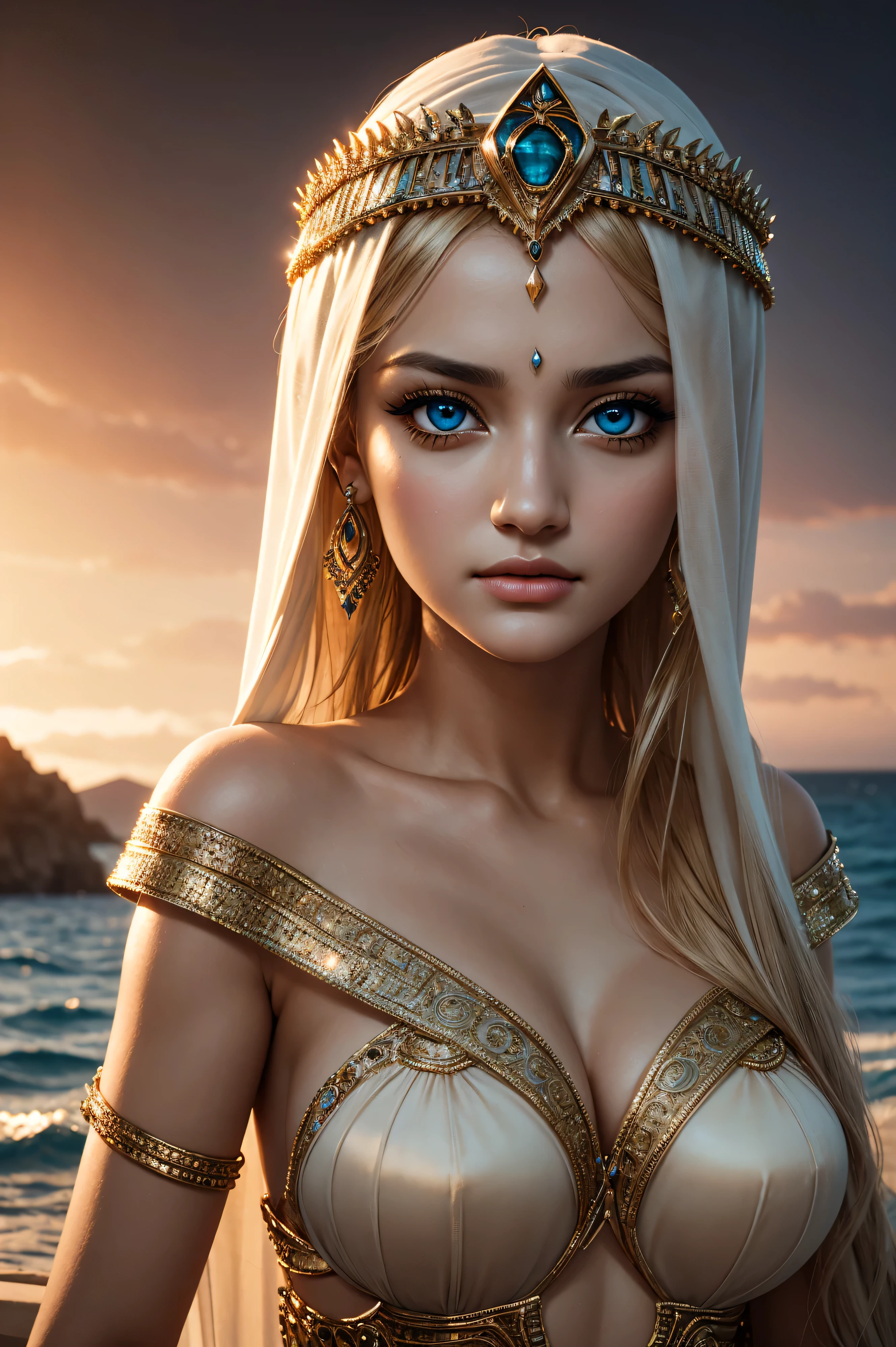 Hunter King, wearing cleopatra costume transparent. professionally retouched, soft lighting, realistic, smooth face, perfect eyes, sharp focus on eyes, 8 k, high definition, insanely detailed, intricate, elegant. against the background of the ocean.