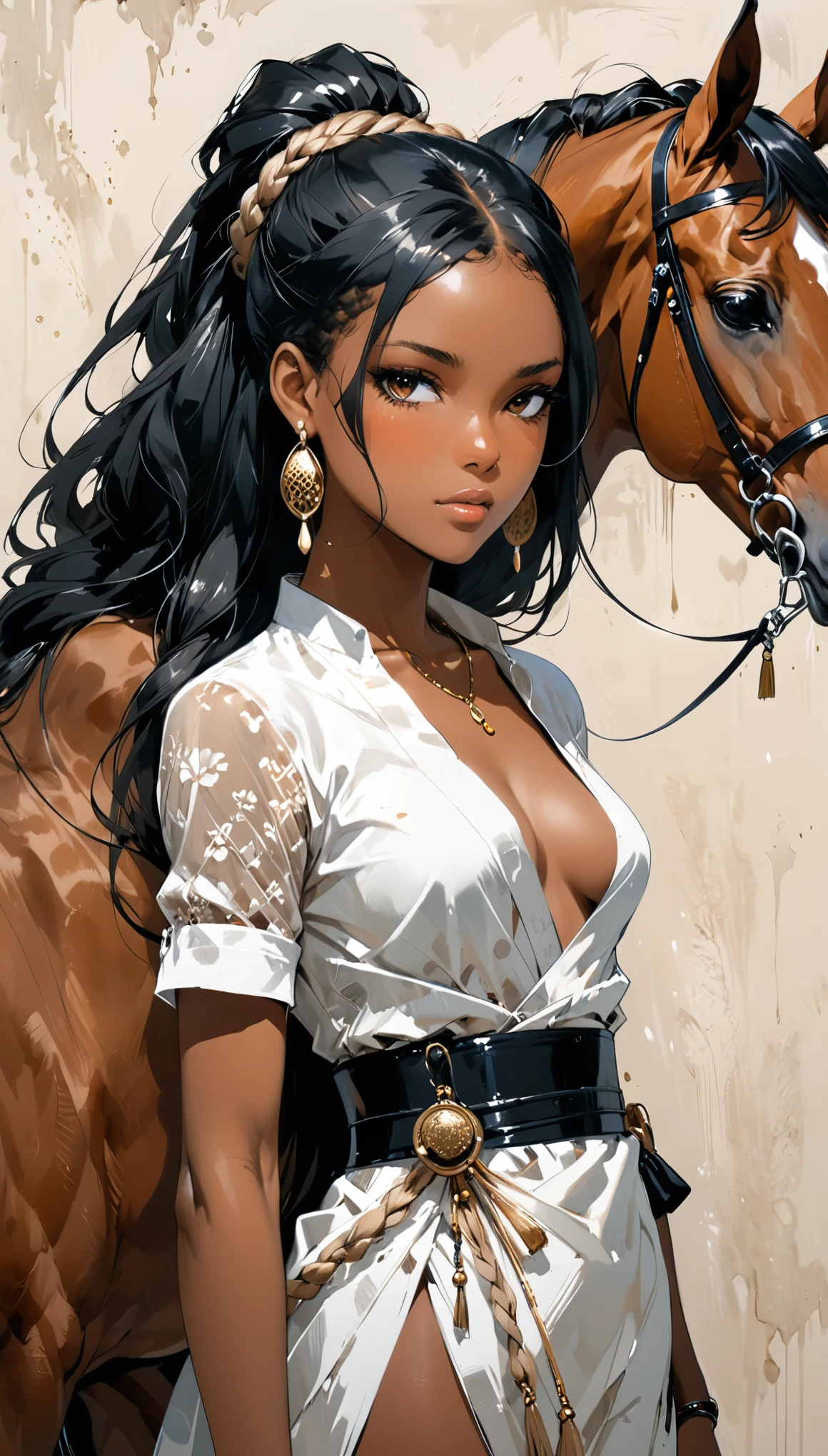 ,(in style of Ashley Wood:0.8),1girl and a horse, black hair, earrings, jewelry, long hair, looking at viewer, sash, solo, dark skin, blush, braid, dark-skinned female, masterpiece, best quality,horse focus,