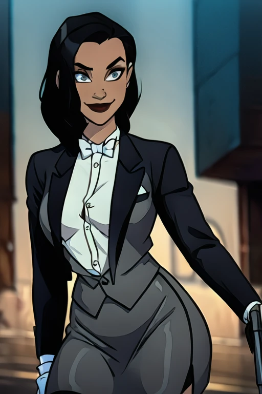 Zatanna, realistic, realism, photorealism, photo-realistic, high contrast, (photorealistic:1.4), 8k high definition detailed realistic, (best quality, masterpiece:1.2),  photon mapping, radiosity, physically-based rendering, best quality, highly detailed, 1girl, anaa, full body, Jewelry, suit and bowtie, (((tuxedo))), silk dress shirt, shirt and bowtie,big chest (((bowtie))), ((blazer)), ((suit jacket)), ((waistcoat)), ((bodycon miniskirt)), (((pencil skirt))), pantyhose, tights, stockings, pocket square, tailored suit, (((cufflinks))), smile, full body, high heels, white gloves, hot body , gorgeous breast