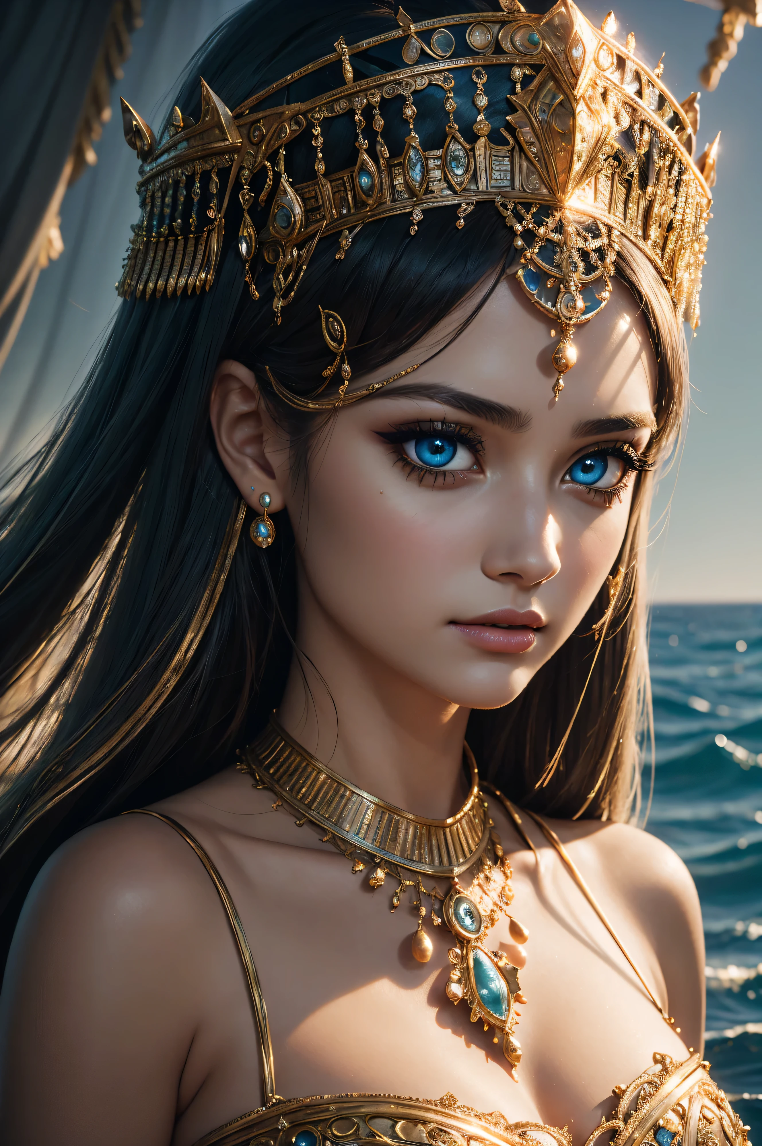 Hunter King, wearing cleopatra costume transparent. professionally retouched, soft lighting, realistic, smooth face, perfect eyes, sharp focus on eyes, 8 k, high definition, insanely detailed, intricate, elegant. against the background of the ocean.