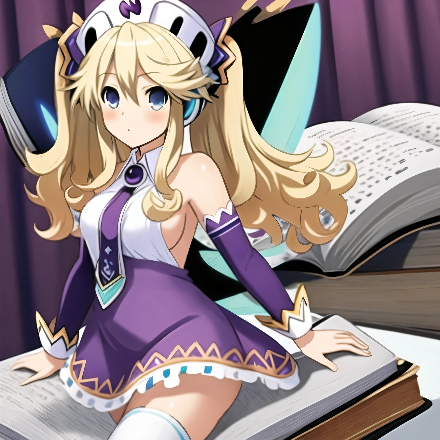 (extremely detailed:1.1),(highly detailed:1.1),(best quality:1.1),(masterpiece:1.1),  HistoireNeptunia, long hair, blue eyes, blonde hair, hair ornament, wings, fairy wings, bare shoulders, twintails,  book, white thighhighs, hat, necktie, purple dress, book, foggy style pose, breasts showing, nude breasts