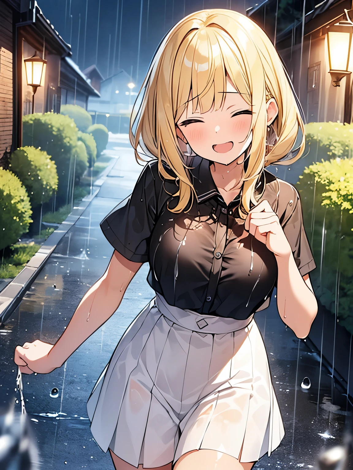 Masterpiece, Top quality, (1 beautiful girl), , Blonde, Braided hair, Medium Hair, wet Hair, blunt bangs, standard weight, blouse, Short Sleeves, pleated skirt, (wet clothes):1.2, black bra top, laugh with an open mouth, closed eyes, (running), rainy, beautiful scene of alley, water drops, cowboy shot
