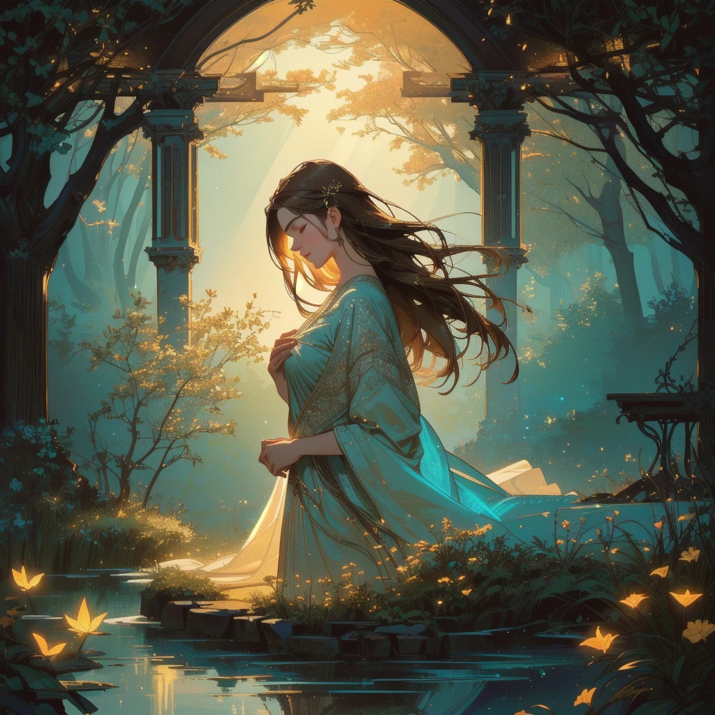 (best quality,4k,8k,highres,masterpiece:1.2),ultra-detailed,dark brown hair,listening to music,brown-haired girl,wallpaper,cinematic,wide landscape,soft lighting,warm color tones,subtle bokeh,moody atmosphere,artistic rendering,peaceful ambiance,happy expression,relaxing vibes,cozy setting,serene mood,musical inspiration, headphones, ethereal beauty,dreamy scene,gentle breeze,tranquil garden,mindful moment, fireflys, solitary figure,trending style,modern aesthetic,contemporary art,subtle movements,harmonious composition,vibrant hues,stunning details,emotionally resonant,immersive experience.