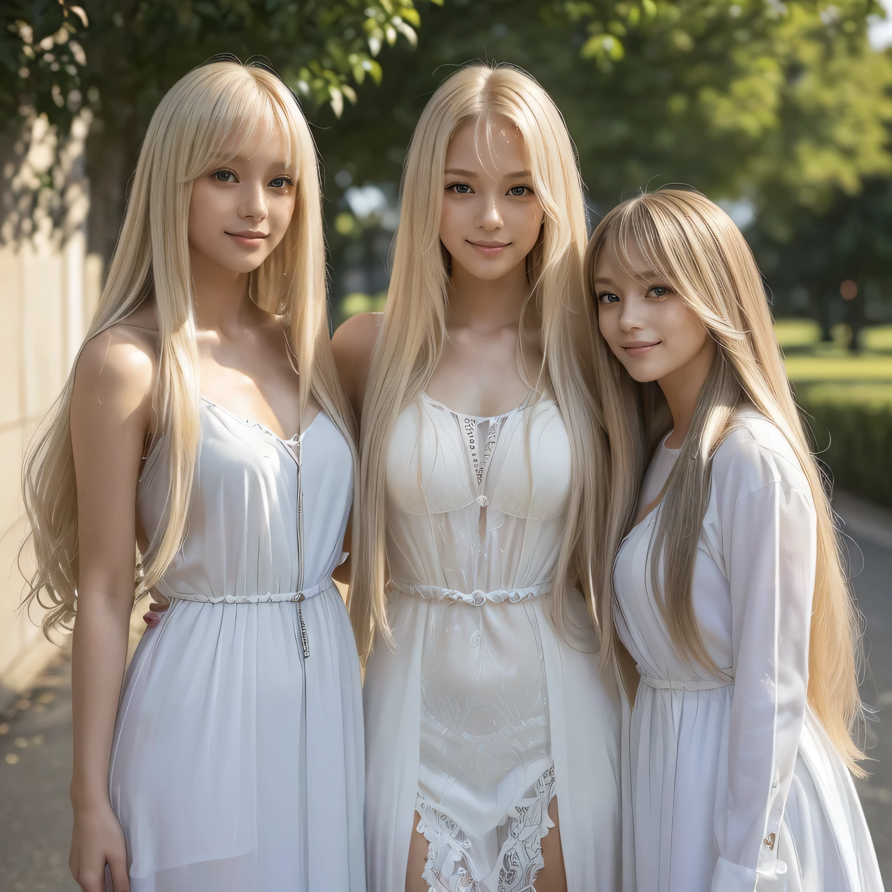 (Knee-high shot of three identical twins :1.3)　(The three of them are posing happily..:2.0)　(See her in the middle of a busy street in France、They look happy.)　(Their faces are clones　Clothes are random　Hair color is random)　(((Hair color is random)))　((Beautiful model with long platinum blonde hair, girl with super length Hair, extremely length Hair, extra length Hair, very long, Flowing Hair, very length Hair, length Hair girl, very long, Flowing platinum blonde hair, length Hair windy, very longプラチナブロンドヘア, length, Flowing Hair, length and or curly hair, with length Hair, length Hair!!!!　Her highest quality hair is long and 真っ直ぐ or curly hair very long, highest quality platinum blonde, length hair in the center, Highest quality long Straight or curly hair, length, Straight or curly hair, beautiful, High quality platinum blonde hair, length and platinum blonde hair highest quality Straight or curly hair, length Hair, length and Straight or curly hair, highest quality platinum blondeヘア, Perfect silky Straight or curly hair of the highest quality, Straight or curly hair, highest quality platinum blondeヘア, length platinum blonde hair　Straight or curly hair, length, Bright platinum blonde hair　Her hair is long and Straight or curly hair, very longプラチナブロンドヘア, length hair in the center, length Straight or curly hair, length, Straight or curly hair, beautiful hair of the highest quality, length Hair, length, Straight or curly hairプラチナブロンドヘア , length and free Straight or curly hair Platinum blonde hair, Straight or curly hair Platinum blonde hair))　(Her bangs are perfect.:1.3)　(France&#39;s most beautiful 24-year-old hair model)　　((highest quality)), ((masterpiece)), (Familiar)　(Get used to it)　Perfect Face　(Her skin is a typical French complexion....、And very detailed)　　(Big Breasts)　(She is wearing a light blue skirt and a white blouse........)　(She has a beautiful French face and a typical French figure...., Narrow eyes)　(She has perfect beautiful makeup and face　Lipstick is light red　A solid eyeliner)　((Rich 1.4))　(Extremely detailed 8K)　(Ultra-fine skin texture 1.4)　(Actual, Vibrant:1.4), double eyelid　Sharp focus:1.2、Beautiful woman:1.4　Dynamic Lighting　(Genuine RAW photos taken by professional photographers)　(Her long bangs、Well Organized)　Professionally lit from the front　(She has a bright and cheerful face)
