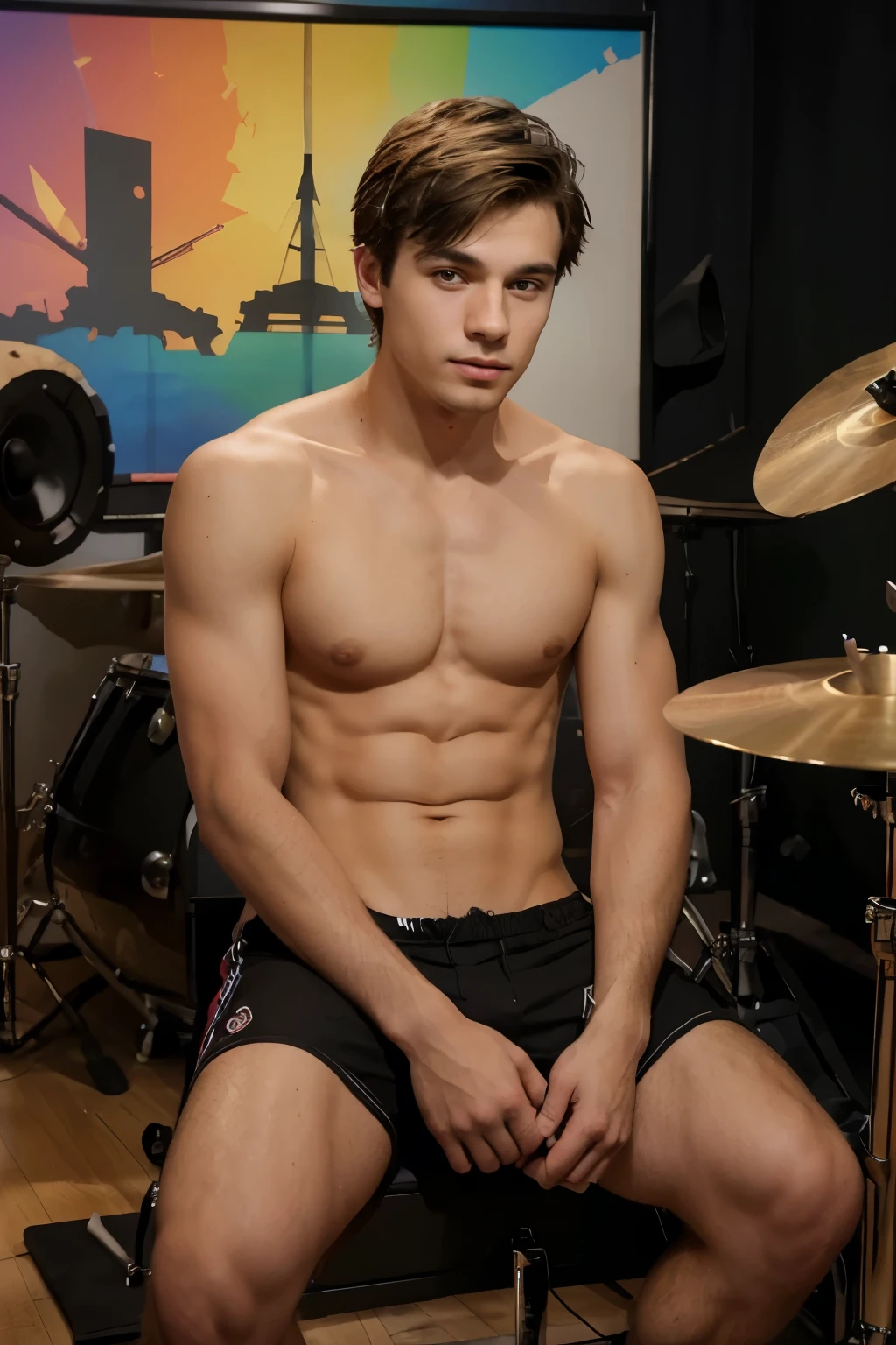 a six-pack young man sits in the studio playing drums, not wearing clothes, the background is colorful, realistic