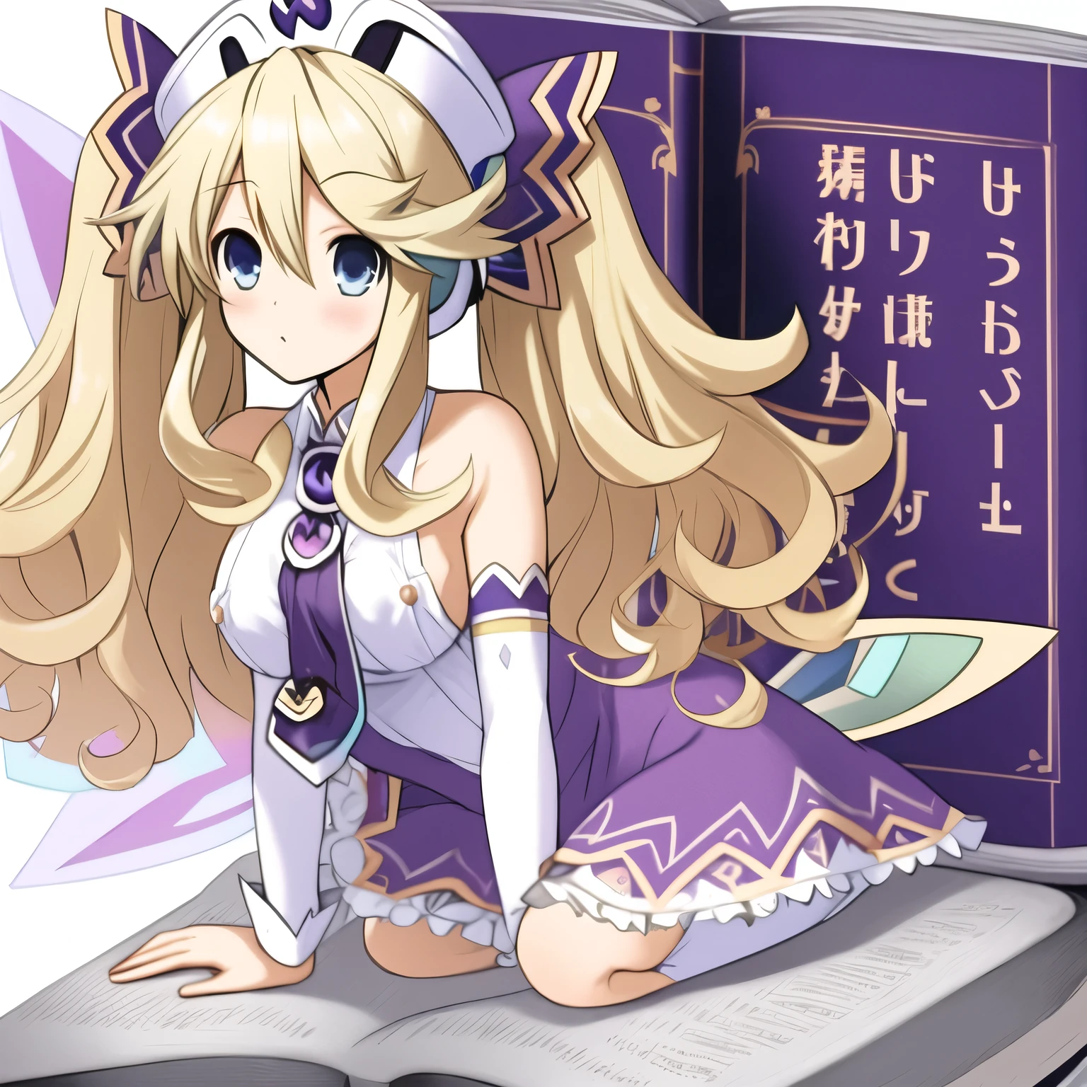 (extremely detailed:1.1),(highly detailed:1.1),(best quality:1.1),(masterpiece:1.1),  HistoireNeptunia, long hair, blue eyes, blonde hair, hair ornament, wings, fairy wings, bare shoulders, twintails,  book, white thighhighs, hat, necktie, purple dress, book, large breasts, nipples