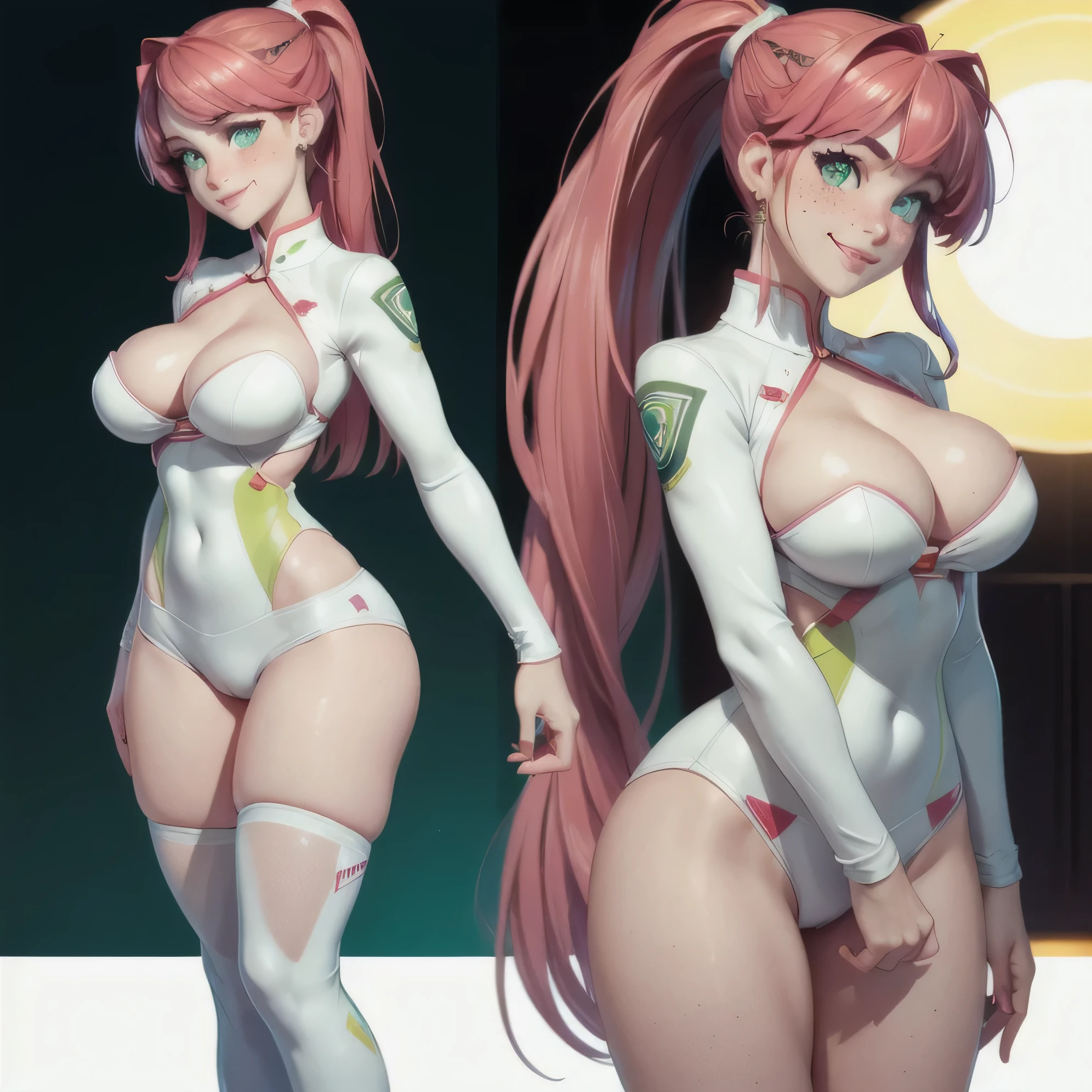 highres, masterpiece, 18 years old, large breasts, triple D cup breasts, round buttocks, juicy thighs, short green hair, aqua eyes, perfect lighting, bloom, night, dark, cinematic lighting, adult, female, looking at viewer, wide shot, (white background:1), (RSEEmma:1.5), 1girl, (MoreOutfits:1.5), (clothes variation, multiple views:1), (3views), full body, cute pose, (dynamic_pose:1.2), vivid green eyes, thick eyebrows, freckles, bangs, black hair:pink hair, long flowing hair, ponytail, :), smile,