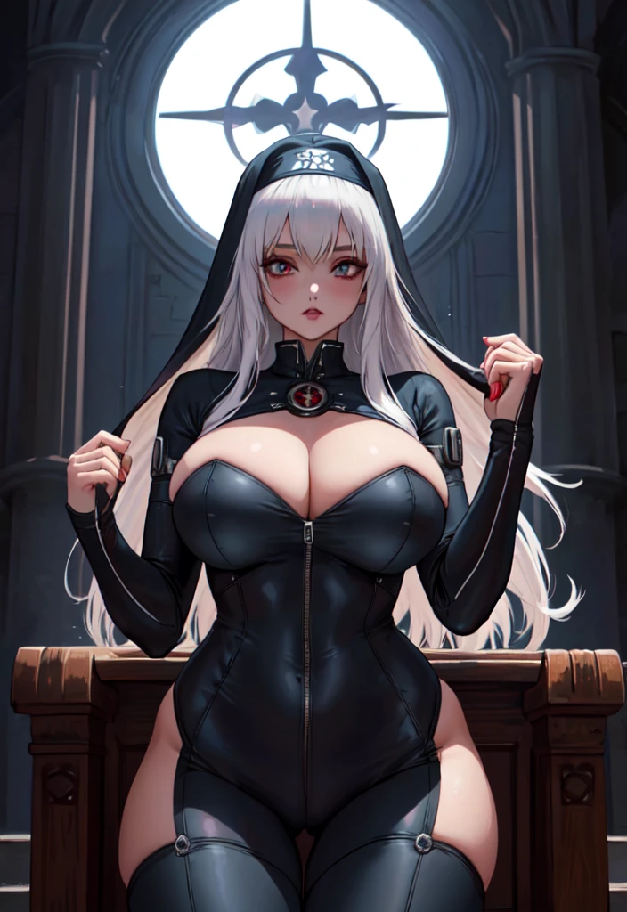 anime nun girl in a black bodysuit outfit in a gothic cathedra, nun outfit, nun, wearing shiny breastplate, cyberpunk, divine ray over her head, holy armor,  holy cyborg necromancer girl, vampire nun, behind her a gothic cathedral, thicc, blood rayne, vampir hunter d, sliver hair, blood, creepy,