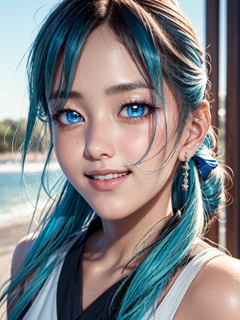 (masterpiece), (best quality), (ultra detailed),(disheveled hair),(illustration), (1girl), standing, smiling, beautiful detailed eyes, light blue eyes, detailed beautiful face, (kamisato ayaka: 1.2), focus on face, ponytail, kamisato ayaka(genshin impact), light blue hair, detailed hair, bangs, best lighting, best shadow, highly detailed, vibrant