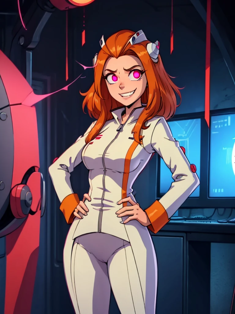 Sfw, mind control Sam by spider helmet robot, ginger hair, 'I have Sam's body', successfully possessed Sam, Glowing red piercing eyes, pervy evil grin, 'this is my body now', hahahaha, satisfying looks, venus body, , wearing white laboratory coat with green spy suit underneath, hands on hip, spider helmet