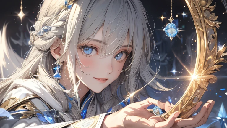 masterpiece: 1.7, highest quality、(Extremely detailed CG、Ultra-detailed、Best Shadow:1.3)、solo、Picturesque、sketch、Paper Texture、超A high resolution、Highly detailed face、Highly detailed eyes、Flat Color、Limited palette、High Contrast、Realistic、Best lighting、welcome、elegant、Leprechaun、Mature Woman、Beautiful woman、Jewel Eyes、Gray Hair、Straight hair、Blue Gem、Smile a little、Blanche:1.5、(Tangleの、Mandala、Tangle、Intertwined:1)、beast of light on the background、Summoner、Sacred Beast、Wolf