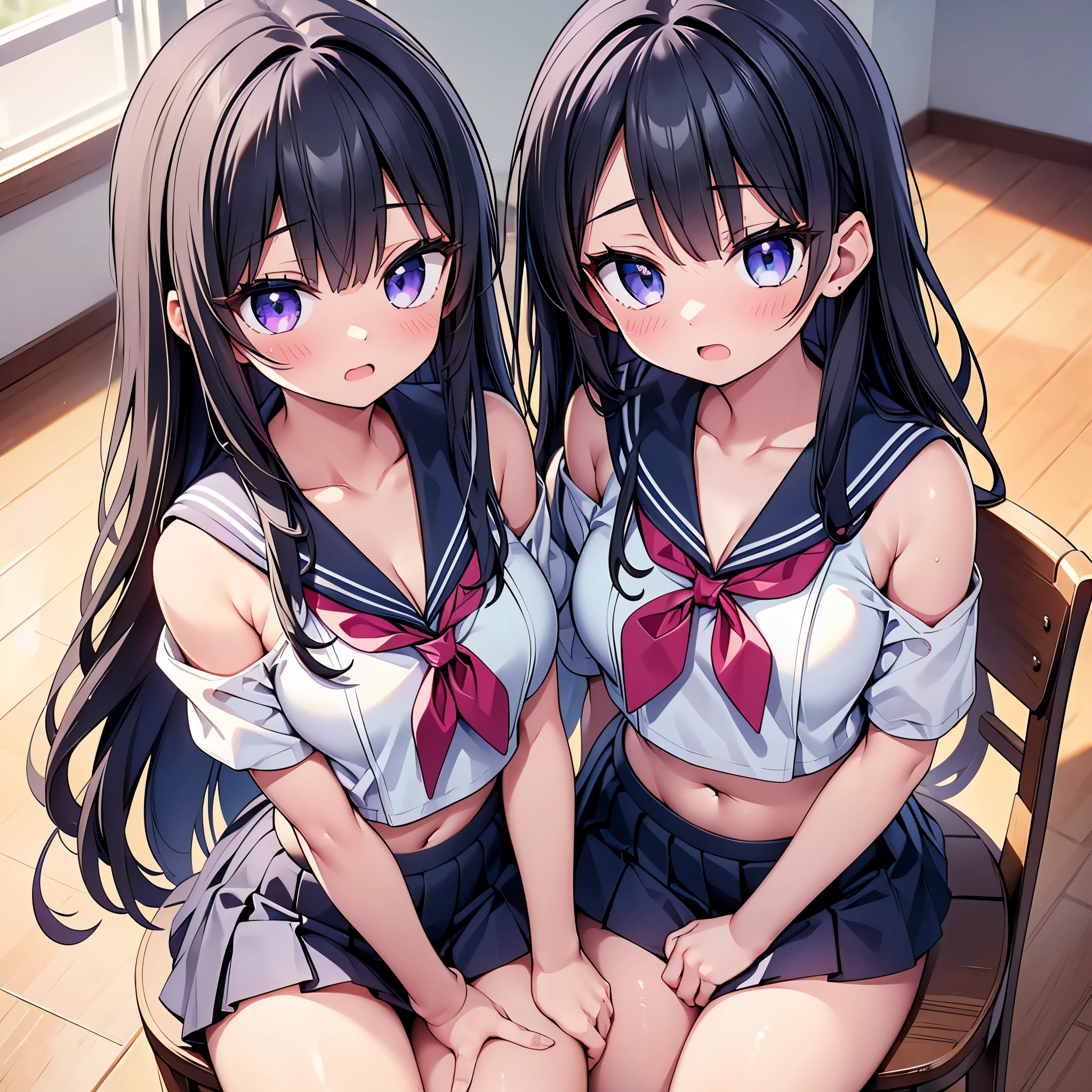 (cute eyes:1.2), (sparkling eyes:1.2), (8K、Best image quality、highest quality、masterpiece)、Detailed face、(2 girls)、Improve、(Black Hair, Purple Eyes, long hair)、(open mouth), (embarrassed), (skinny body:1.3),(small breasts), (beige off shoulder sailor uniform:1.2), (cleavage), (crop top navel), Sit on a chair, Classroom Background,  (black stockings:1.1), (Thighs:1.1), (Waistline:1.1),(close-up shot of bust), (from above:1.2)