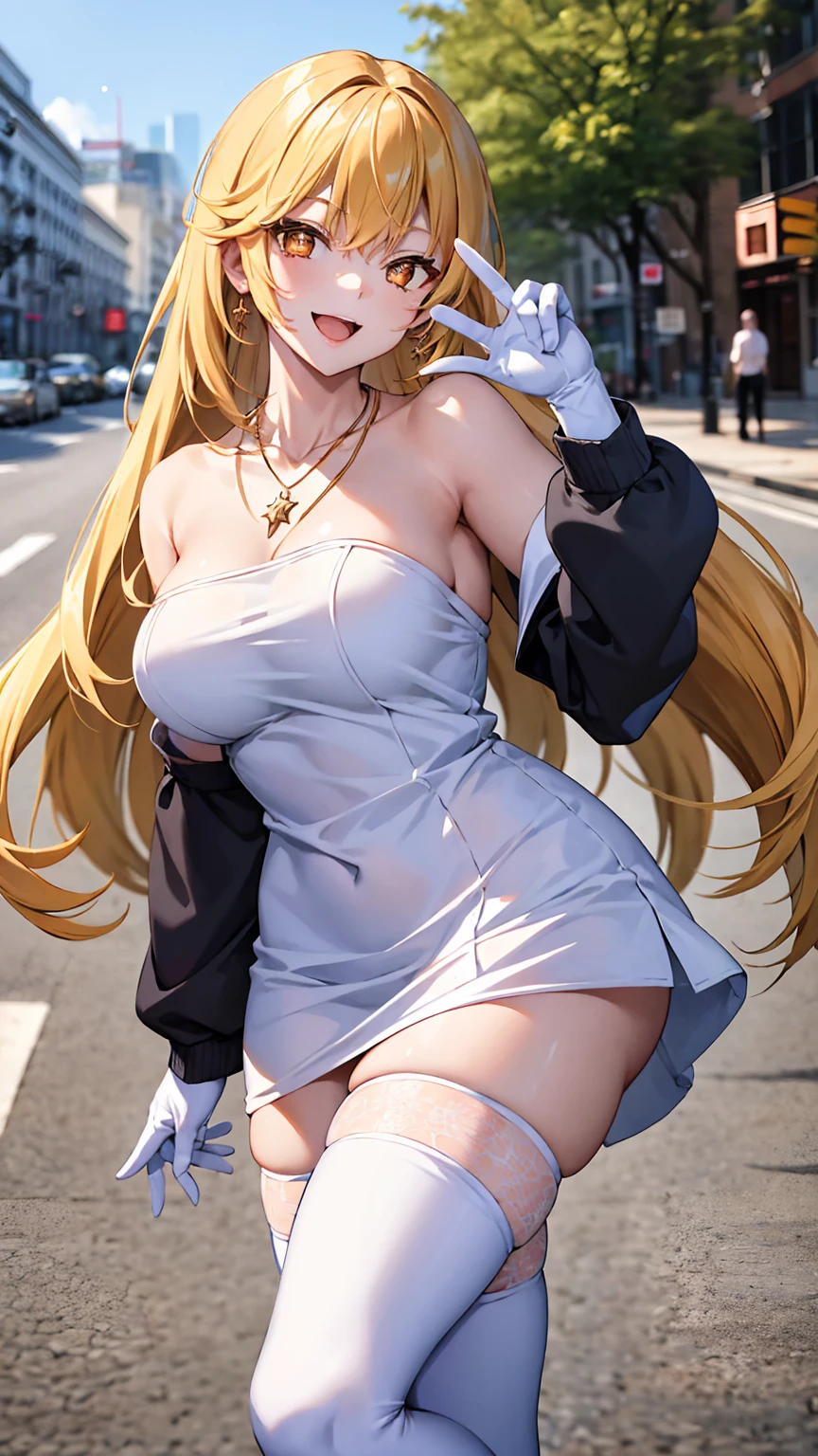 masterpiece, best quality, highres, hmmisaki, long hair, symbol-shaped pupils, +_+, large breasts, white gloves, elbow gloves, white thighhighs, smile,　Earrings, necklace, clavicle, Off the shoulder, Sweater dress, Long sleeve, Black knee socks, street, Are standing, Cowboy Shot, smile, wave hands, Open your mouth,  In town　