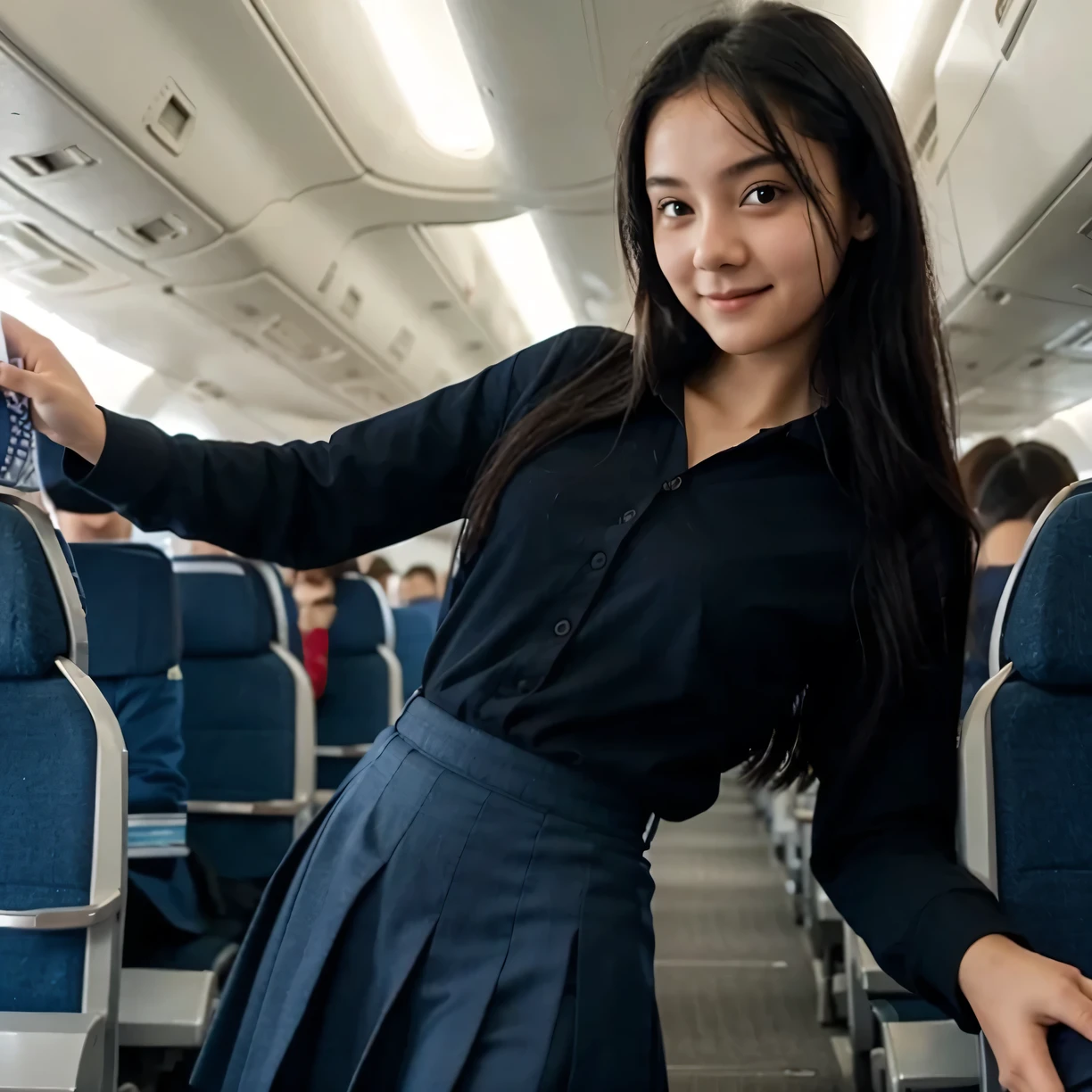 16 years old short skinny girl, tucked school shirt, blue long skirt, long sleeves, black hair, in airplane, little cute smile