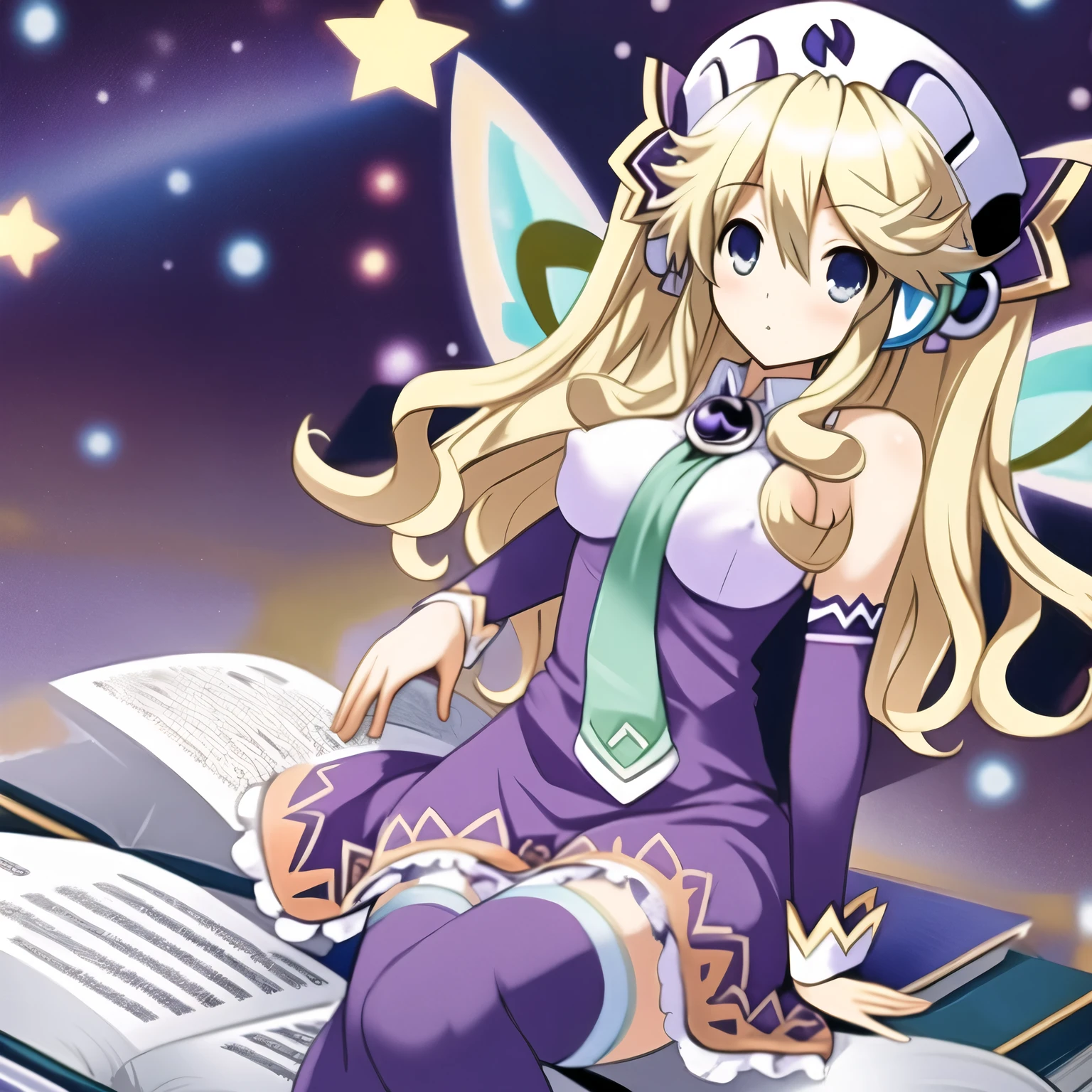 (extremely detailed:1.1),(highly detailed:1.1),(best quality:1.1),(masterpiece:1.1),  HistoireNeptunia, long hair, blue eyes, blonde hair, hair ornament, wings, fairy wings, bare shoulders, twintails,  book, white thighhighs, hat, necktie, purple dress, book, large breasts, nipples