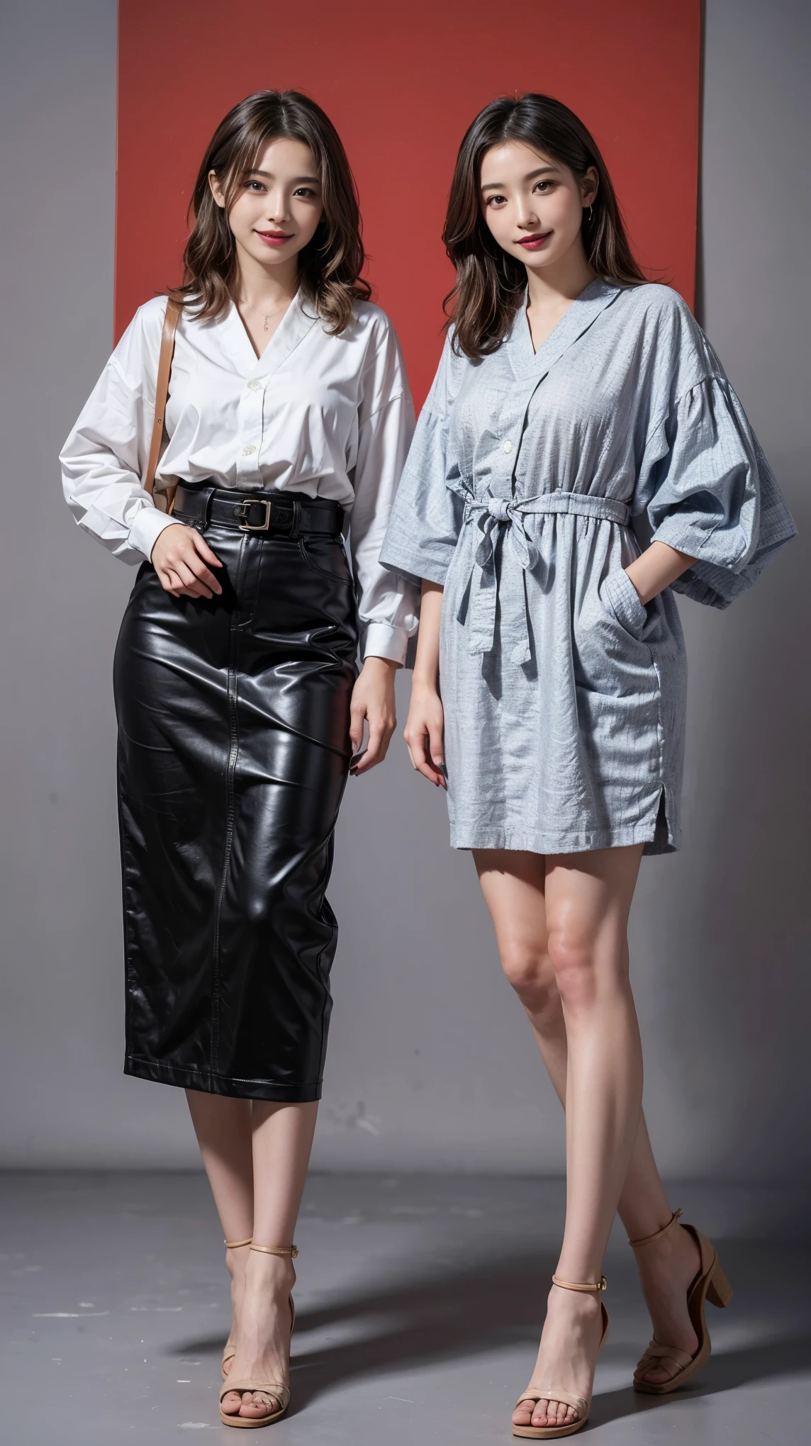highest quality,masterpiece,Ultra-high resolution,Original photo,Ultra-high resolution,Two beautiful women, 25 years old:1.5,Clothing from the Heisei era in Japan,Long legs:1.5,Full Body,Flashy makeup using red eyeshadow,Big smile,Short cut with subtle side waves,whole body,Gray background,