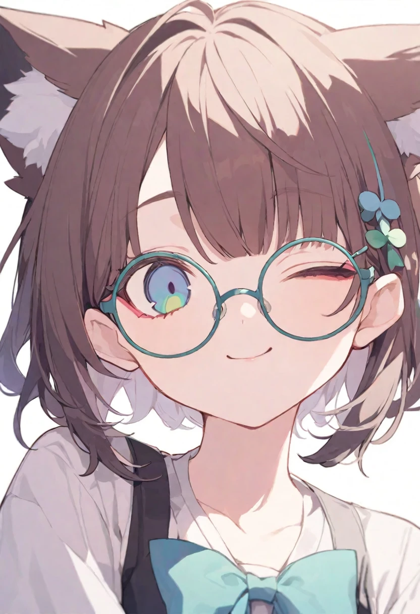 Yellow Hair、Pink and brown hair、Even bangs、Wolf Cut、Short Hair、Unique hairstyle、病みcute、(((Odd Eye、heterochromatic eyes、Left eye is green、Right eye is blue)))、Black round glasses、Fox ears、cute、1 personの女の子、1 personだけ、1 person、Upper body only、White background。