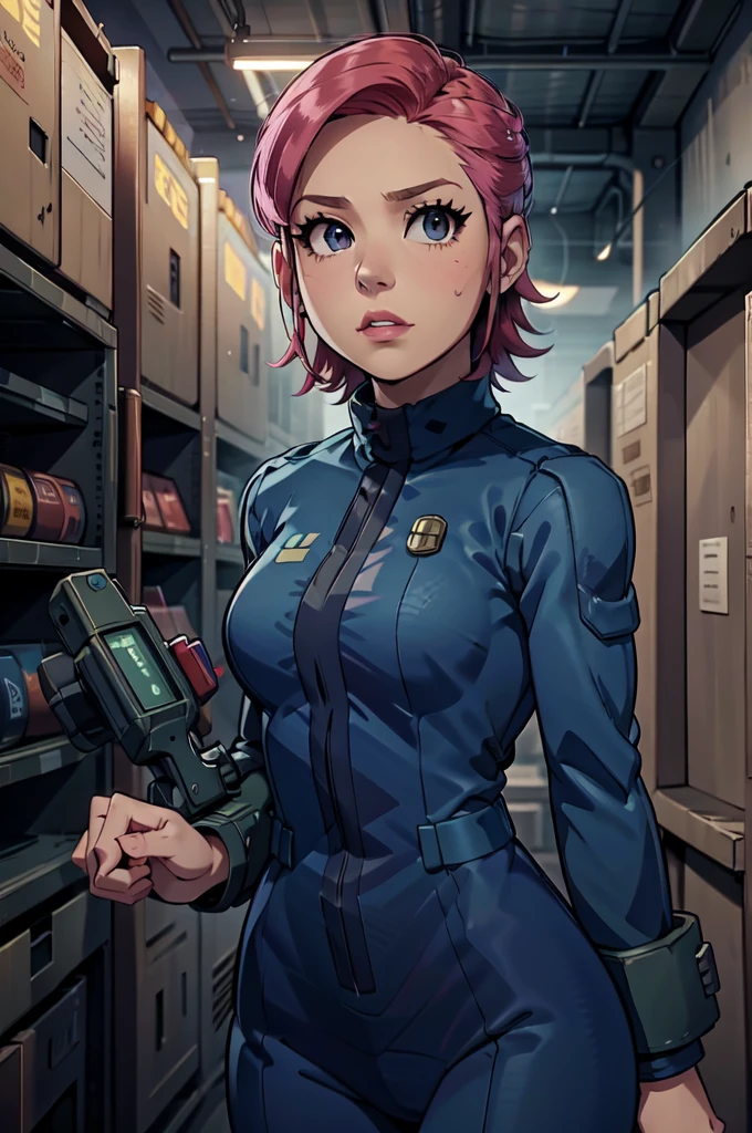 Mayl Sakurai reimagined as a vault dweller, doing maintenance in an underground vault. Her vibrant pink hair stands out against the dimly lit environment. She is a 26-year-old woman dressed in a vault dweller jumpsuit, indicative of her role in the post-apocalyptic world. The jumpsuit is worn but still functional, reflecting the harsh conditions of life underground. Her face is beautifully detailed, with expressive eyes that convey determination and intelligence. Her lips are also well-defined, adding to her overall allure.

In the vault, Mayl Sakurai is seen operating a pipboy, a wrist-worn device that serves as an essential tool and information hub for survival in the vault. The pipboy's screen emits a soft glow, illuminating Mayl's face and casting a subtle green hue on the surroundings. The details on the pipboy, from its buttons to its display, are extremely detailed, showcasing its futuristic design.

The underground vault is filled with mechanical equipment and pipes, emphasizing the importance of maintenance in this post-apocalyptic world. The atmosphere is gritty and industrial, with a hint of mystery and danger. The lighting is dim and has a hint of blue tones, enhancing the underground ambiance.

Despite the grim surroundings, Mayl Sakurai exudes confidence and strength as she jumps into action, ready to fulfill her duties as a vault dweller. Her posture and expression suggest that she is prepared to face any challenge that comes her way.

The image quality should be at its best, with 4K resolution and ultra-detailed rendering, capturing every intricate detail of the scene. The colors should be vivid, emphasizing the contrast between Mayl's vibrant pink hair and the dimly lit environment. The overall style should lean towards a post-apocalyptic concept art aesthetic, blending realism with a touch of fantasy.

In summary, the Stable Diffusion prompt for the provided theme would be:
Mayl Sakurai reimagined as a vault dweller, doing maintenance in an undergr