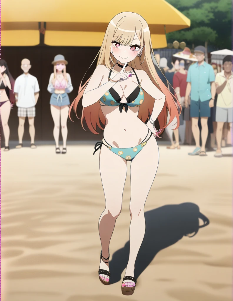 1girl, kitagawa marin, sono bisque doll wa koi wo suru, bikini, beach, crowd, closed mouth, sexy pose, key visual, highly detailed, looking at viewer, full body, masterpiece, best quality, very aesthetic, absurdres