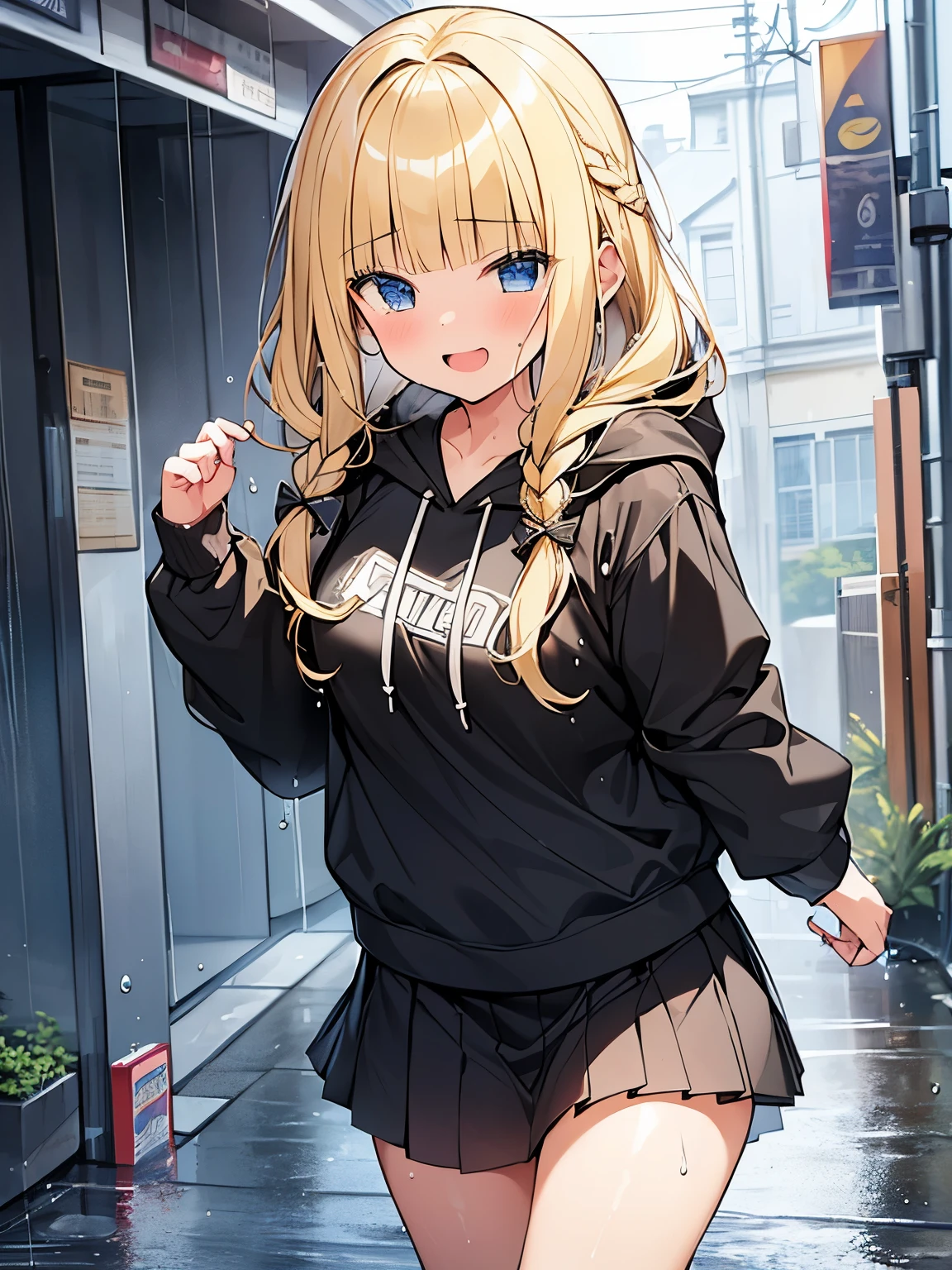 Masterpiece, Top quality, (1 beautiful girl), junior high school student, Blonde, Braided hair, Medium Hair, wet Hair, blunt bangs, standard weight, hoodie, pleated skirt, (wet clothes):1.2, laugh with an open mouth,(running), rainy, beautiful scene of alley, water drops, cowboy shot
