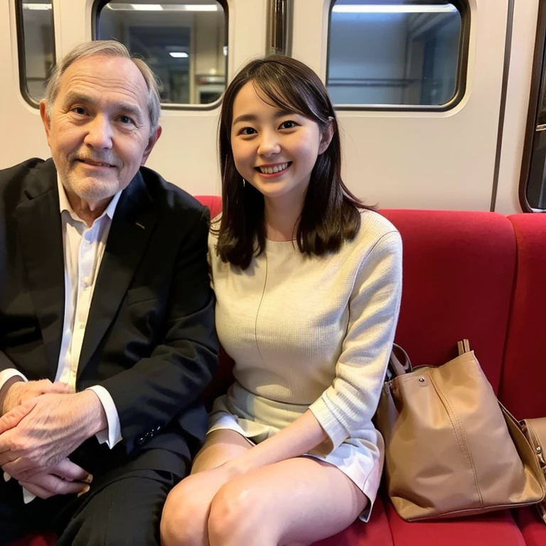 (1 teen girl sitting next to 1 old man:1.2,close to each other:1.2,old man touching her breast:1.5),very cute face,(wearing suits,upskirt:1.5),inside train,perfect anatomy, masterpiece, best quality,8k,perfect face,from fron