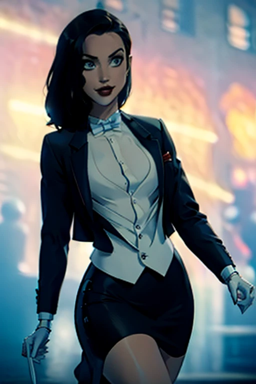 Zatanna, realistic, realism, photorealism, photo-realistic, high contrast, (photorealistic:1.4), 8k high definition detailed realistic, (best quality, masterpiece:1.2),  photon mapping, radiosity, physically-based rendering, best quality, highly detailed, 1girl, anaa, full body, Jewelry, suit and bowtie, (((tuxedo))), silk dress shirt, shirt and bowtie,big chest (((bowtie))), ((blazer)), ((suit jacket)), ((waistcoat)), ((bodycon miniskirt)), (((pencil skirt))), pantyhose, tights, stockings, pocket square, tailored suit, (((cufflinks))), smile, full body, high heels, white gloves, hot body , gorgeous breast