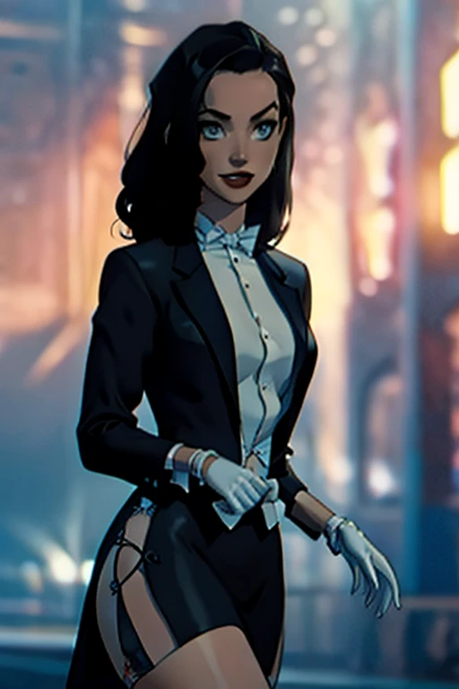 Zatanna, realistic, realism, photorealism, photo-realistic, high contrast, (photorealistic:1.4), 8k high definition detailed realistic, (best quality, masterpiece:1.2),  photon mapping, radiosity, physically-based rendering, best quality, highly detailed, 1girl, anaa, full body, Jewelry, suit and bowtie, (((tuxedo))), silk dress shirt, shirt and bowtie,big chest (((bowtie))), ((blazer)), ((suit jacket)), ((waistcoat)), ((bodycon miniskirt)), (((pencil skirt))), pantyhose, tights, stockings, pocket square, tailored suit, (((cufflinks))), smile, full body, high heels, white gloves, hot body , gorgeous breast