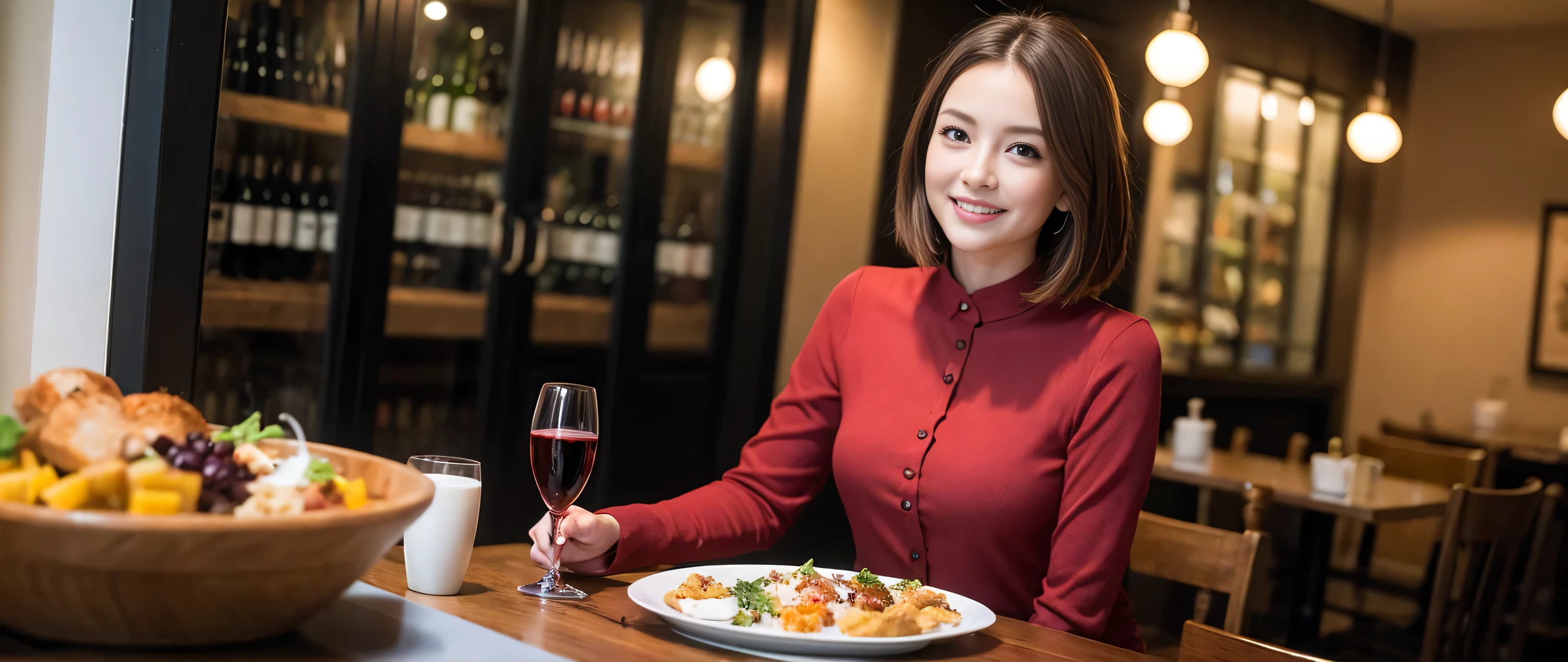 ((highest quality、8k、masterpiece:1.3))、Sharp focus:1.2、Beautiful woman perfect body:1.4、Wine Party、Slim body、((Bob Hale、Straight hair:1.2))、(to be born, highest quality, masterpiece:1.5), (Realistic, Intricate details:1.2), Ultra-high resolution, Shine light on your face、Amazing view of the sunset sky and clouds、Amazing mountain views、A bright smile、A lovely woman with a smile、Bright image、2. The beauty of wine, Beautiful Face, blue eyes, The light shines on your face, Blushing, short hair,Bright Face、Fox face、 (36 years old), 39 years old, Lady、red wine 、Appetizers、Italian food、Wine bottle、Champagne、sparkling wine、Two beauties、Brown Hair、Shortcuts、Long sleeve shirt、dress、Pretty Woman 1, (Slim face), (The body is slim), (Brown Hair), (Shortcuts), cheeks turn a little red,Attractive beauty、, Out of the window, A beautiful and detailed night view unfolds.........., restaurant, In a prominent place (From the waist up) Nova Frog Style, actress, model, Upper Body, White wine, slim, wine glass, A wine glass placed in the middle, smile, (smile: 1.15), Beautiful fine grain, Depth f/2,saturation, High Contrast, Strong light and shadow,Moist Body:1.5、3D texture、Delicate eyes、Brown Hair、The hair is very shiny、