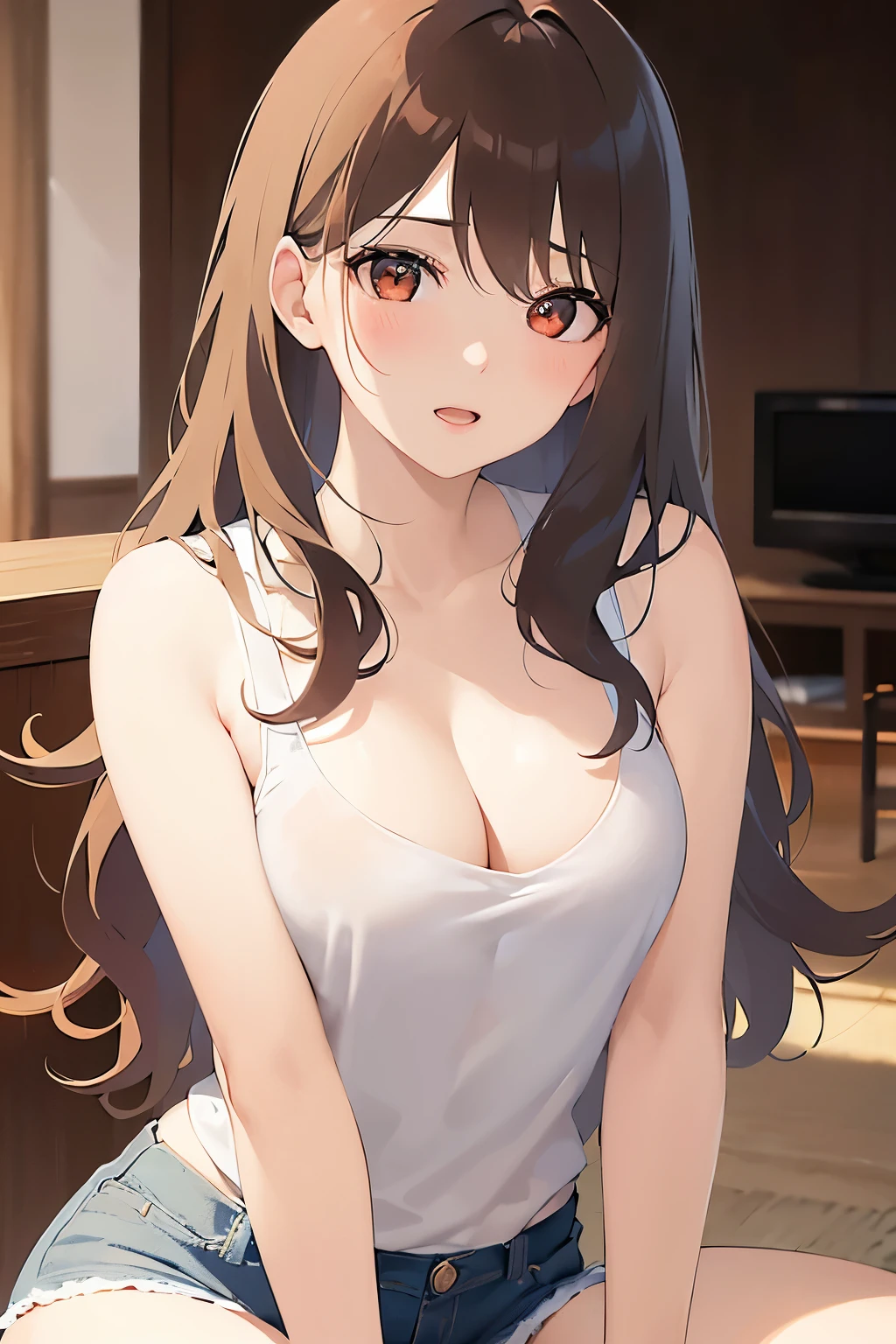 high quality、Masterpiece、leaning forward, side angle, Cleavage、Upper Body, Realistic, real person, (pale skin: 1.2), RAW photo, photorealistic, shiny skin, shiny hair、(A 25-year-old woman with medium-length hair and bangs) and (wavy hair) and (brown hair) and (orange eyes) , Wearing a white tank top 、Wearing denim、smile, open mouth, The background is the living room、Alone、