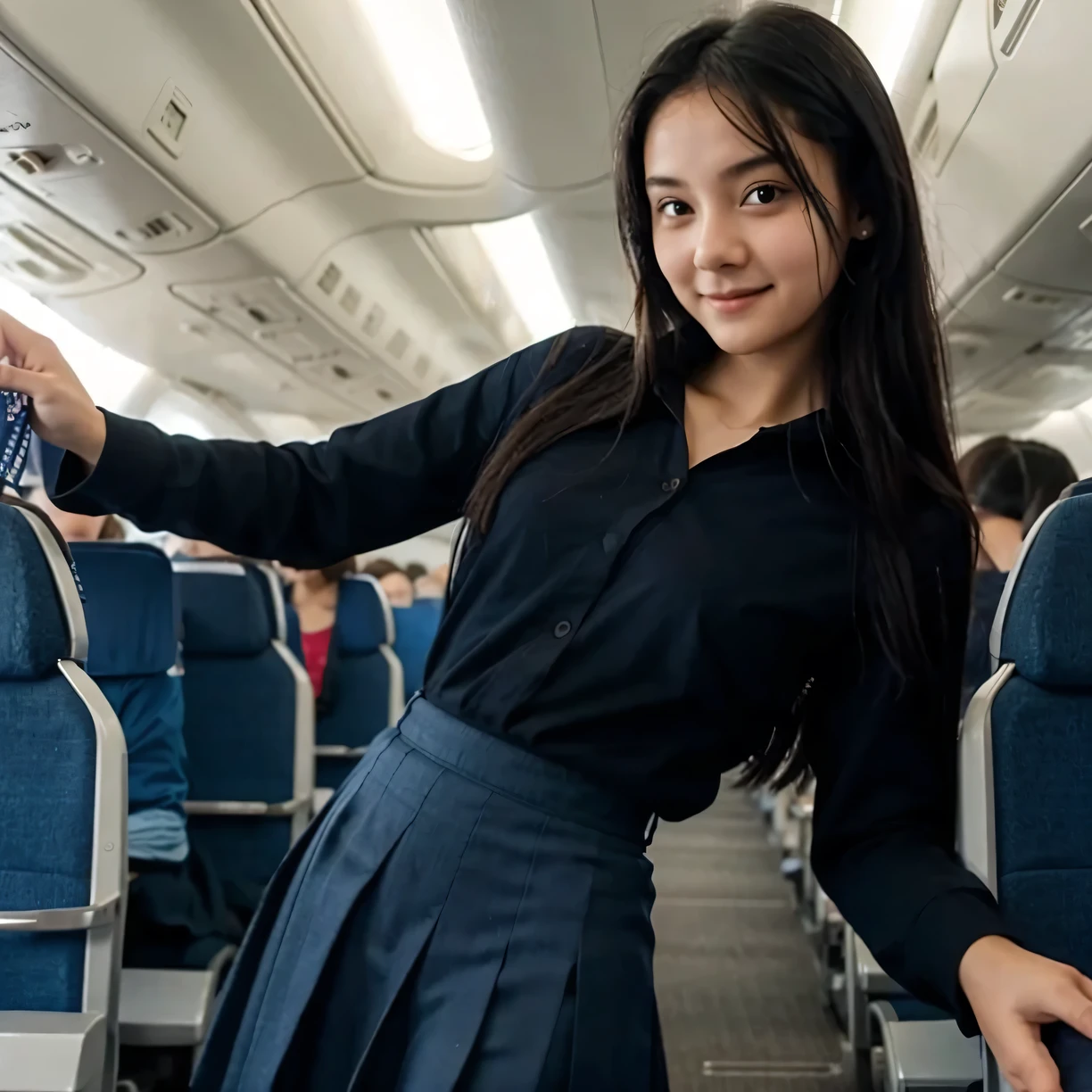 16 years old short skinny girl, tucked school shirt, blue long skirt, long sleeves, black hair, in airplane, little cute smile