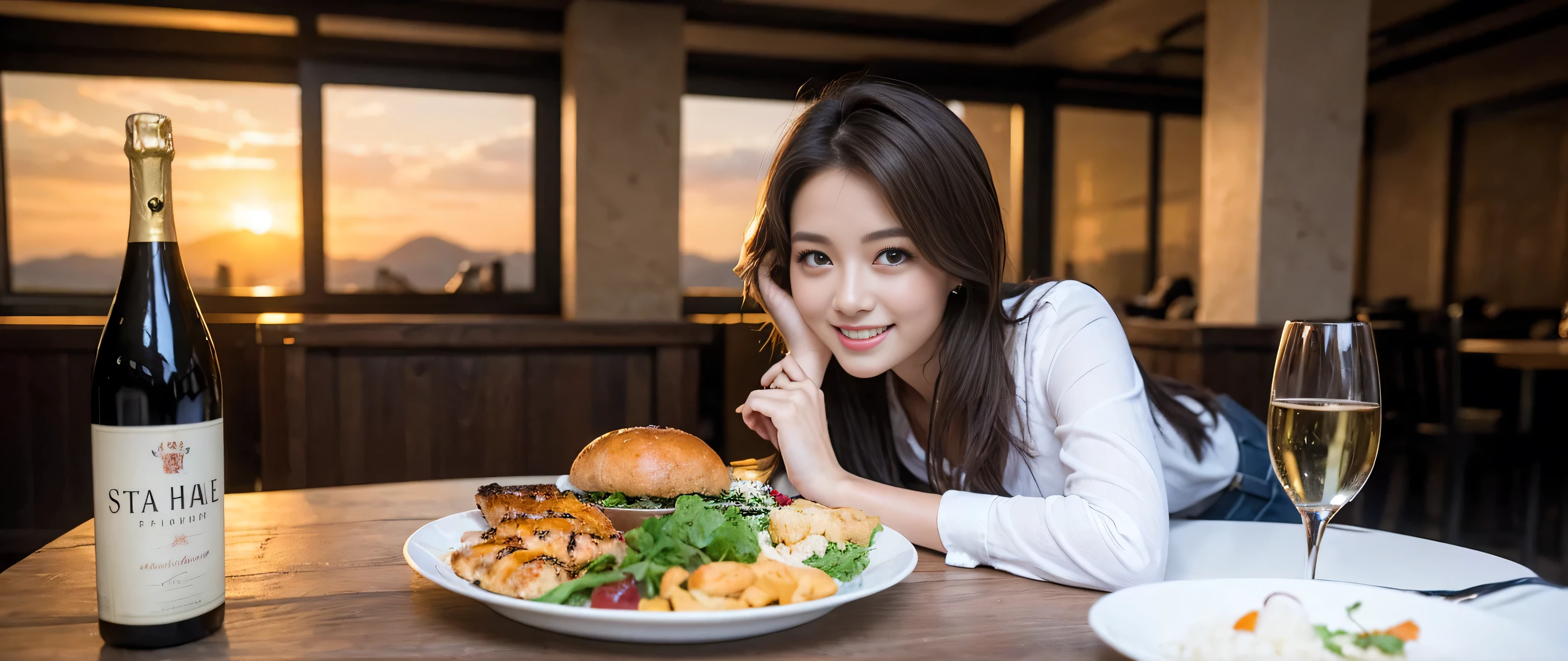 ((highest quality、8k、masterpiece:1.3))、Sharp focus:1.2、Beautiful woman perfect body:1.4、Wine Party、Slim body、((Bob Hale、Straight hair:1.2))、(to be born, highest quality, masterpiece:1.5), (Realistic, Intricate details:1.2), Ultra-high resolution, Shine light on your face、Amazing view of the sunset sky and clouds、Amazing mountain views、A bright smile、A lovely woman with a smile、Bright image、2. The beauty of wine, Beautiful Face, blue eyes, The light shines on your face, Blushing, short hair,Bright Face、Fox face、 (36 years old), 39 years old, Lady、red wine 、Appetizers、Italian food、Wine bottle、Champagne、sparkling wine、Two beauties、Brown Hair、Shortcuts、Long sleeve shirt、dress、Pretty Woman 1, (Slim face), (The body is slim), (Brown Hair), (Shortcuts), cheeks turn a little red,Attractive beauty、, Out of the window, A beautiful and detailed night view unfolds.........., restaurant, In a prominent place (From the waist up) Nova Frog Style, actress, model, Upper Body, White wine, slim, wine glass, A wine glass placed in the middle, smile, (smile: 1.15), Beautiful fine grain, Depth f/2,saturation, High Contrast, Strong light and shadow,Moist Body:1.5、3D texture、Delicate eyes、Brown Hair、The hair is very shiny、