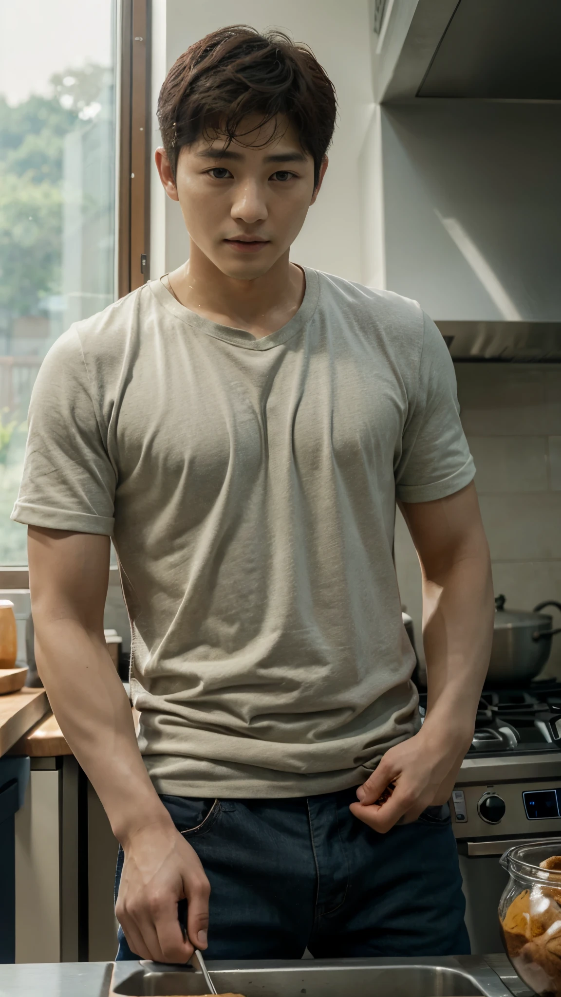 Muscular Asian guy , Wear only white shirts, jeans., A muscular young man., beautiful young male model, Comfortable pose, Portrait of a 25 year old boy, Casual, realistic photography in the kitchen