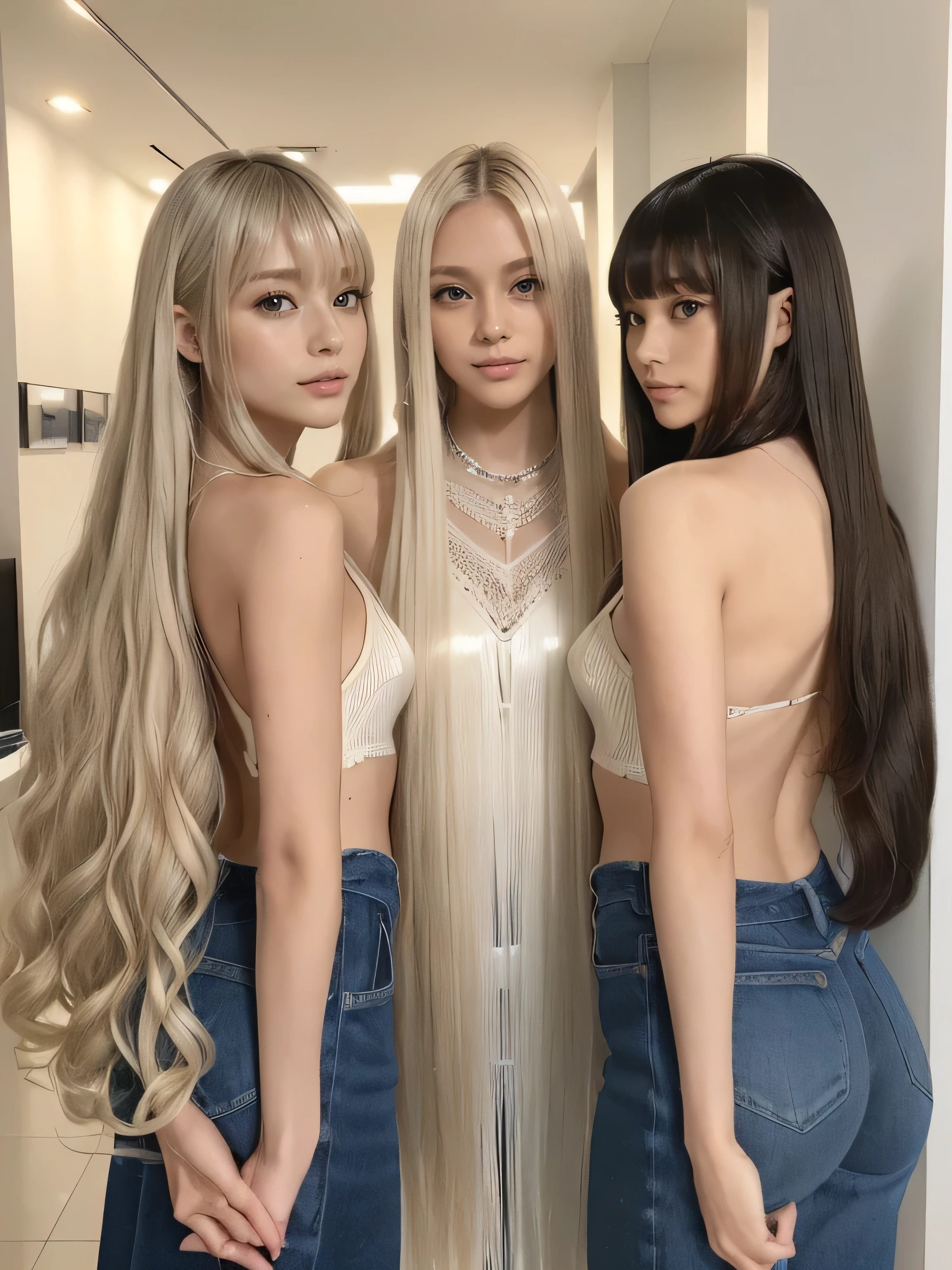 (Full body shot of three identical twins :1.3) (Photograph three people in the same pose from the front:2.0) (The three of them look like clones.., Wear the same clothes、Take the same pose Physically identical) (Pure white wall background:1.8. Upper body photo from the knees up) ((Random poses showing as much back and hair as possible:1.5)) (((Hair color is random))) ((Beautiful model with long platinum blonde hair, girl with super length Hair, extremely length Hair, extra length Hair, very long, Flowing Hair, very length Hair, length Hair girl, very long, Flowing platinum blonde hair, length Hair windy, very longプラチナブロンドヘア, length, Flowing Hair, length and or curly hair, with length Hair, length Hair!!!! Her highest quality hair is long and 真っ直ぐ or curly hair very long, highest quality platinum blonde, length hair in the center, Highest quality long Straight or curly hair, length, Straight or curly hair, beautiful, High quality platinum blonde hair, length and platinum blonde hair highest quality Straight or curly hair, length Hair, length and Straight or curly hair, highest quality platinum blondeヘア, Perfect silky Straight or curly hair of the highest quality, Straight or curly hair, highest quality platinum blondeヘア, length platinum blonde hair Straight or curly hair, length, Bright platinum blonde hair Her hair is long and Straight or curly hair, very longプラチナブロンドヘア, length hair in the center, length Straight or curly hair, length, Straight or curly hair, beautiful hair of the highest quality, length Hair, length, Straight or curly hairプラチナブロンドヘア , length and free Straight or curly hair Platinum blonde hair, Straight or curly hair Platinum blonde hair)) (Her bangs are perfect.:1.3) (Her bangs are perfect.:1.3) (France's most beautiful 24-year-old hair model) ((highest quality)), ((masterpiece)), (Familiar) (Get used to it) Perfect Face (Her skin is a typical French complexion.....、And very detailed) (Big Breasts) (She is wearing a light blue skirt and a white blouse.........) (She has a beautiful French face and a typical French figure...., Narrow eyes) (She has perfect beautiful makeup and face Lipstick is light red A solid eyeliner) ((Rich 1.4)) (Extremely detailed 8K) (Ultra-fine skin texture 1.4) (Actual, Vibrant:1.4), double eyelid Sharp focus:1.2、Beautiful woman:1.4 Dynamic Lighting (Genuine RAW photos taken by professional photographers) (Her long bangs、Well Organized) Professionally lit from the front (She has a bright and cheerful face)
