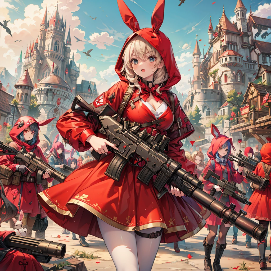 (masterpiece), best quality, fantasy art, many little girls in red hood and dress holding weapon at wonderland, (((everyone wearing red hood))), bunny ears, ammunition belt, gun, machine gun, gatling gun, hand gun,weapons, (red_hood:1.5)