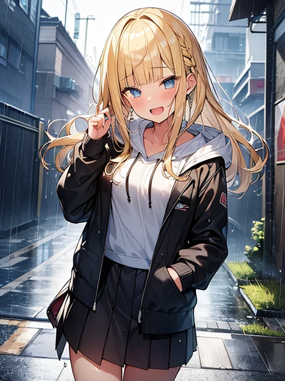 Masterpiece, Top quality, (1 beautiful girl), junior high school student, Blonde, Braided hair, Medium Hair, wet Hair, blunt bangs, droopy eyes, standard weight, hoodie, pleated skirt, (wet clothes):1.2, laugh with an open mouth,(running), rainy, beautiful scene of alley, water drops, cowboy shot