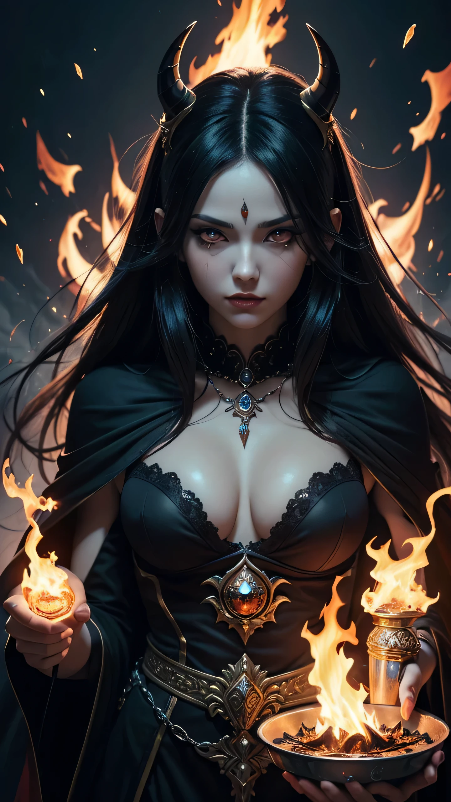 There is a beautiful demonic witch standing in the middle of raging fire storm, her hair is fire it self, eyes like embers she dressed in beauriful sexy long black robe with red parts and golden jewlery, (ultra high quality fantasy art, dafk fantasy style, masterpiece, ultra highquality character design, 8k quality anime art, realistic anime art, top quality wallpaper illustration, detailed ultra high quality acurate face, highquality design and acurate physic)